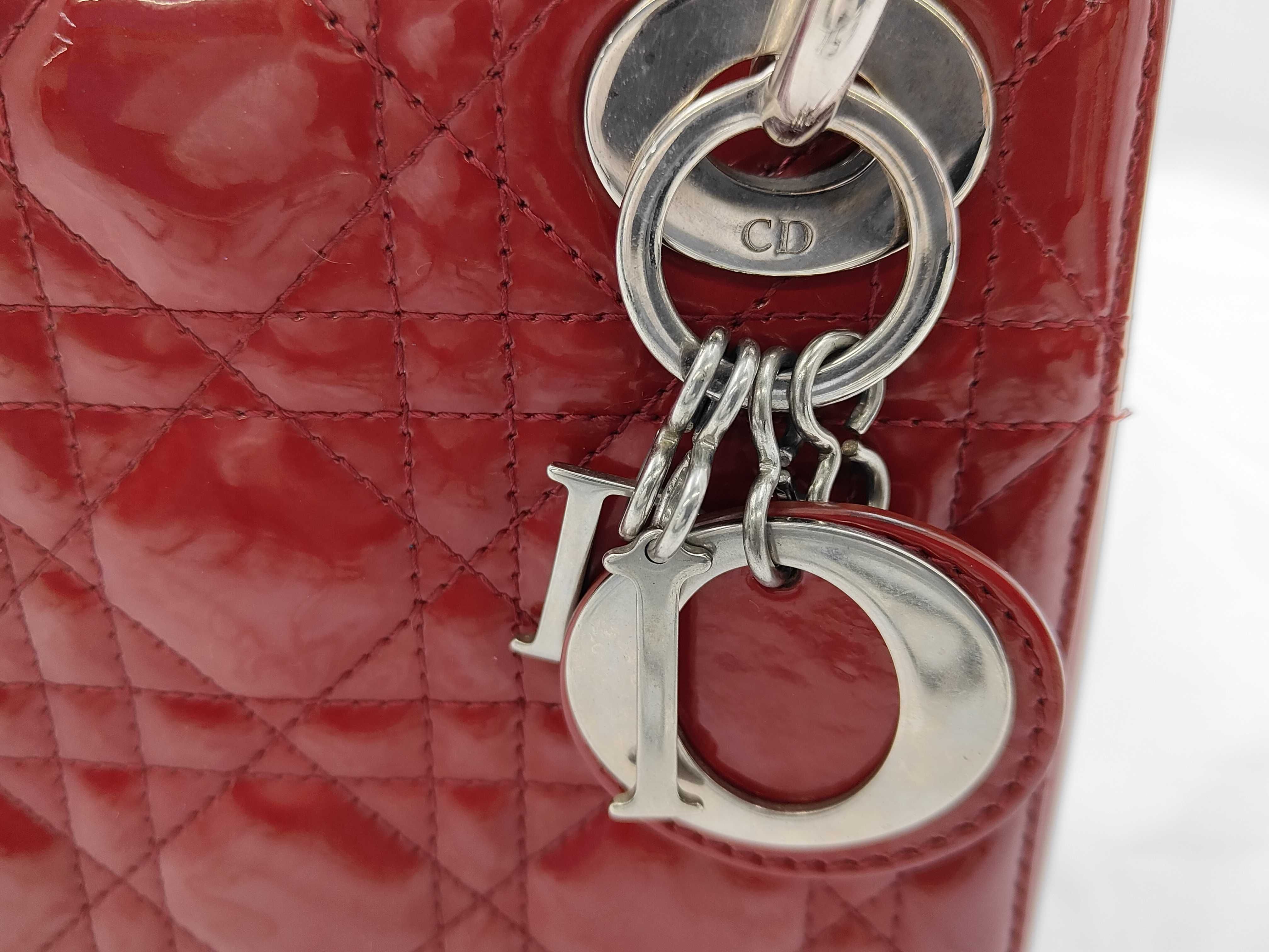 Lady Dior Handbag, 3 Compartments, Red & Silver, Patent Leather — view 12