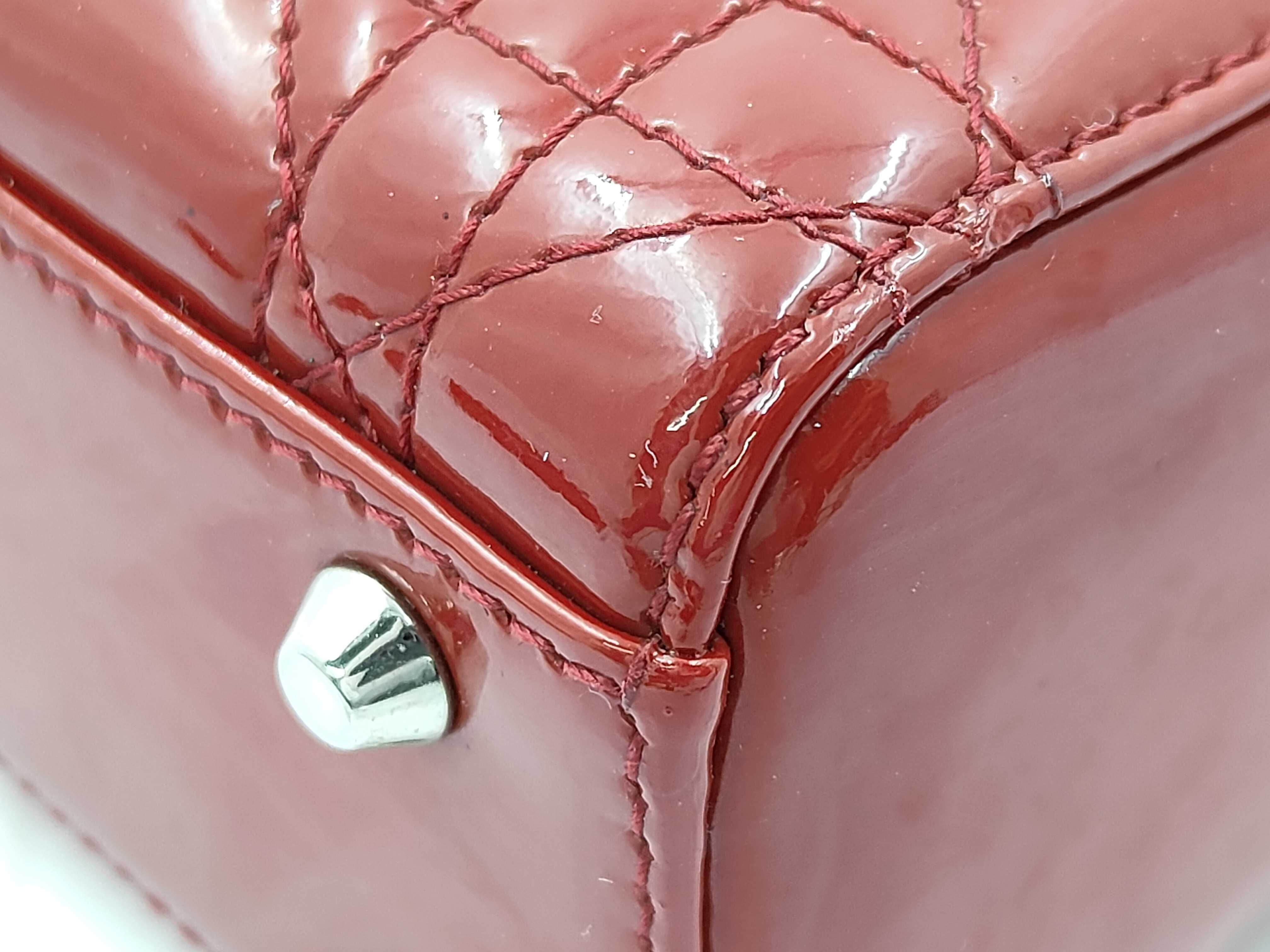 Lady Dior Handbag, 3 Compartments, Red & Silver, Patent Leather — view 6