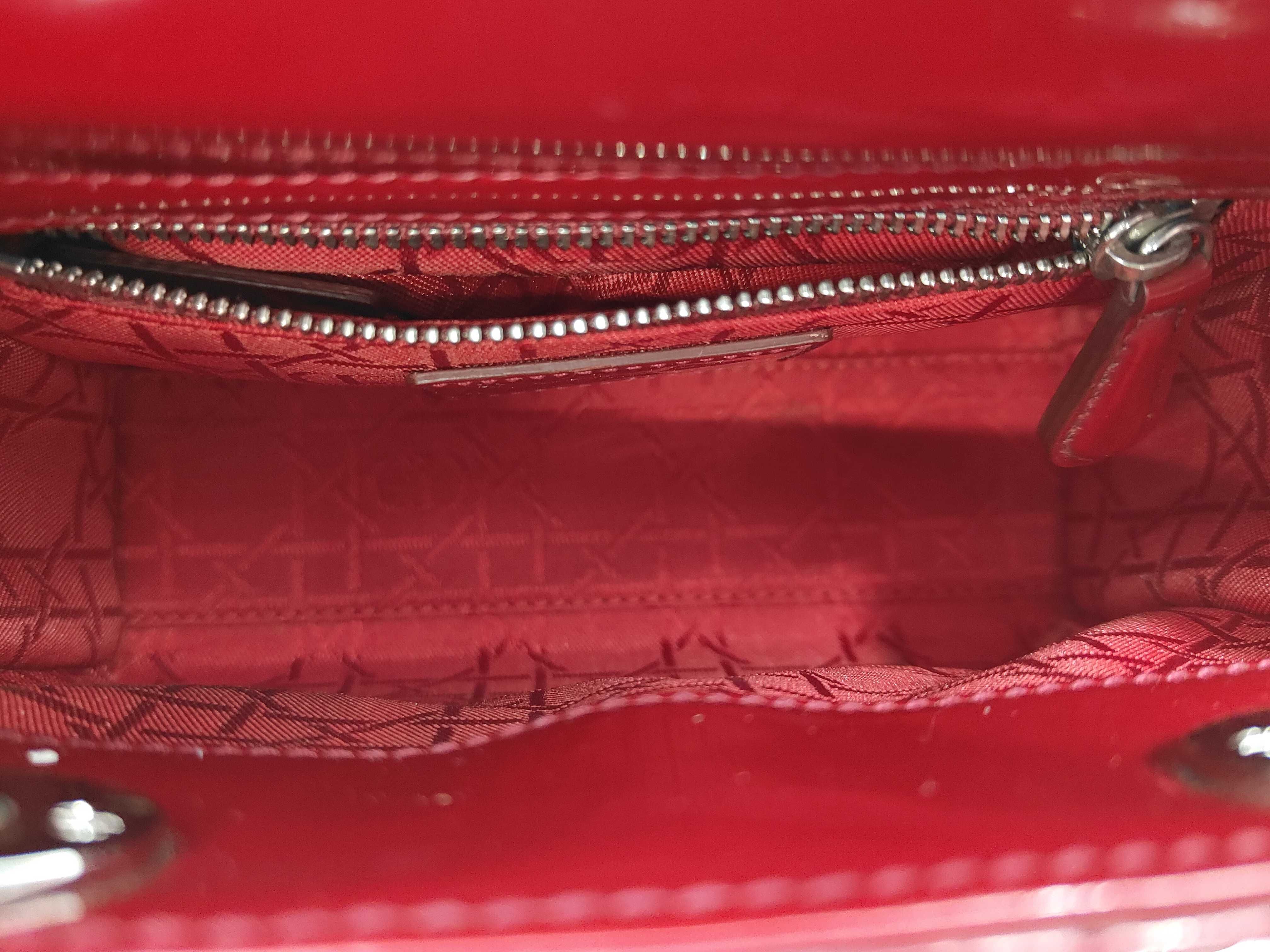 Lady Dior Handbag, 3 Compartments, Red & Silver, Patent Leather — view 9
