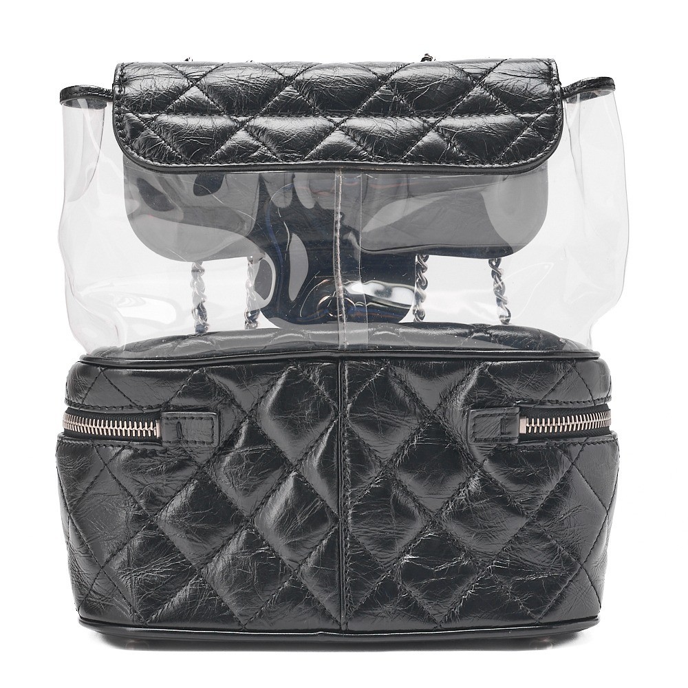 Vintage calfskin x vinyl turn-lock chain backpack, black — view 2