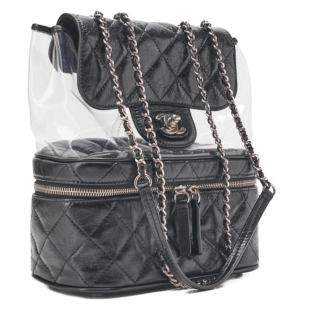 Vintage calfskin x vinyl turn-lock chain backpack, black — view 3