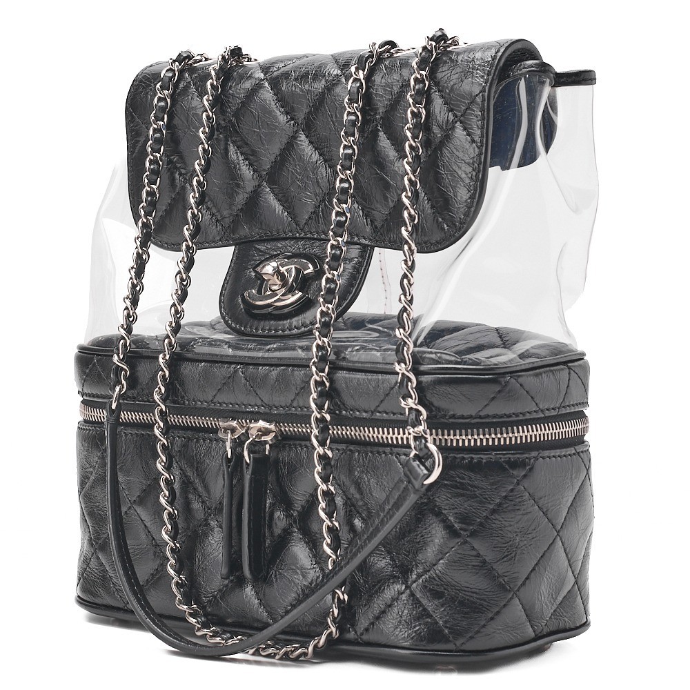 Vintage calfskin x vinyl turn-lock chain backpack, black — view 4