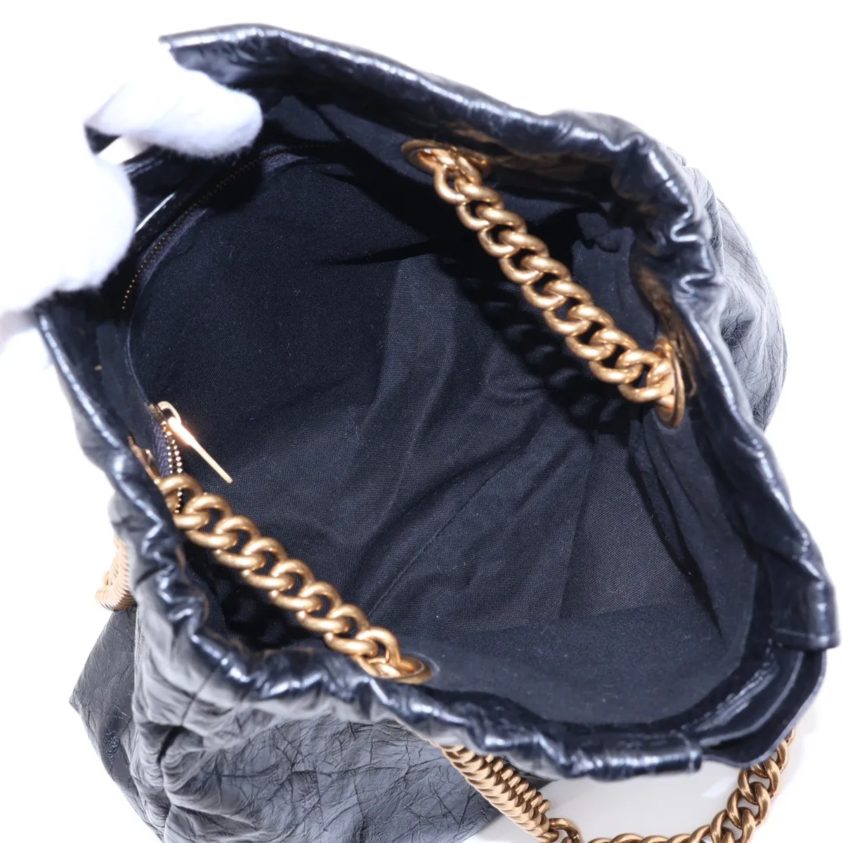 Crushed Leather Chain Shoulder Bag, Black, 742942 — view 7