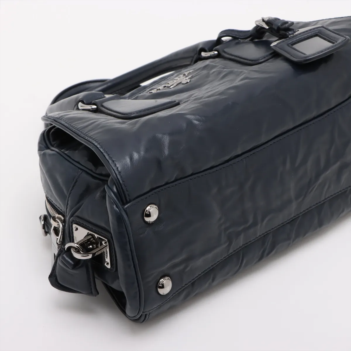 Leather 2-Way Handbag, Navy — view 4