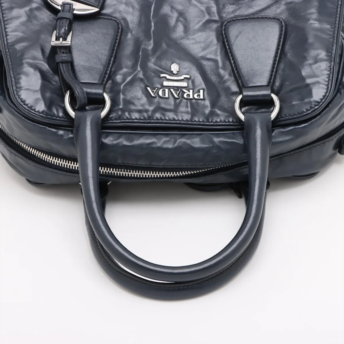 Leather 2-Way Handbag, Navy — view 5