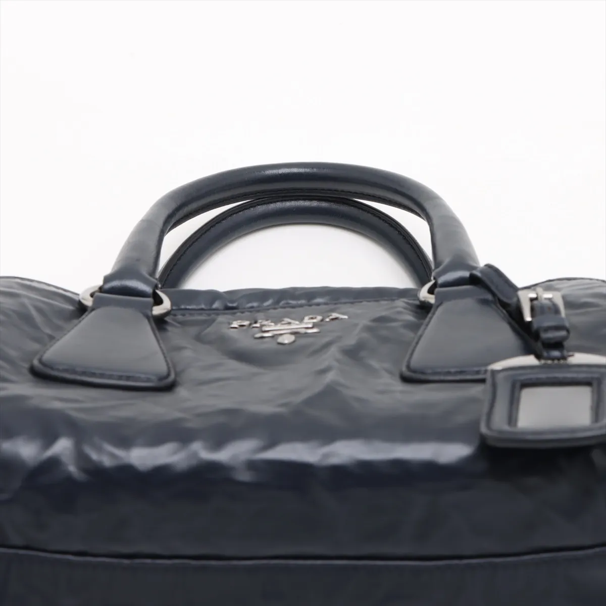 Leather 2-Way Handbag, Navy — view 6
