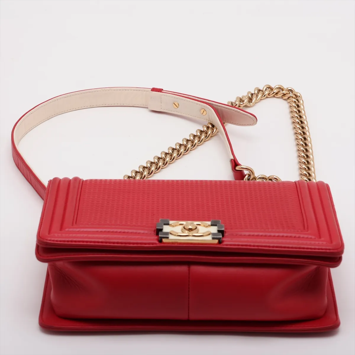 Boy Chanel 25 Leather Chain Shoulder Bag, Red with Gold Hardware, 18991032, Serial Number 18-series, A67086 — view 6