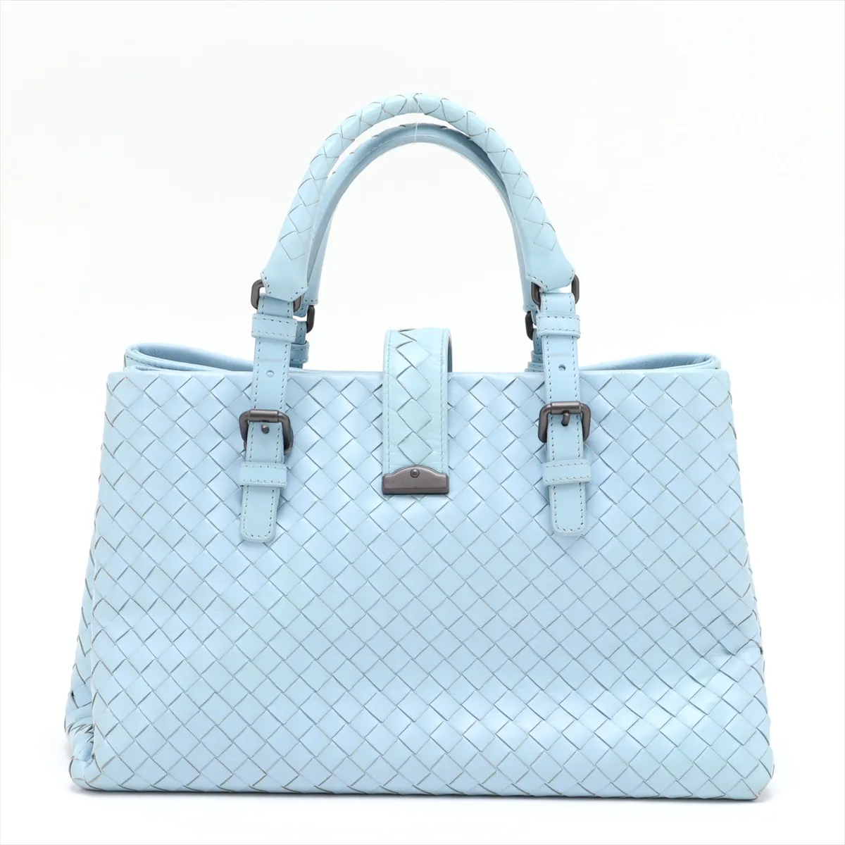 Intrecciato Roma Leather 2-Way Handbag, Blue — view 2