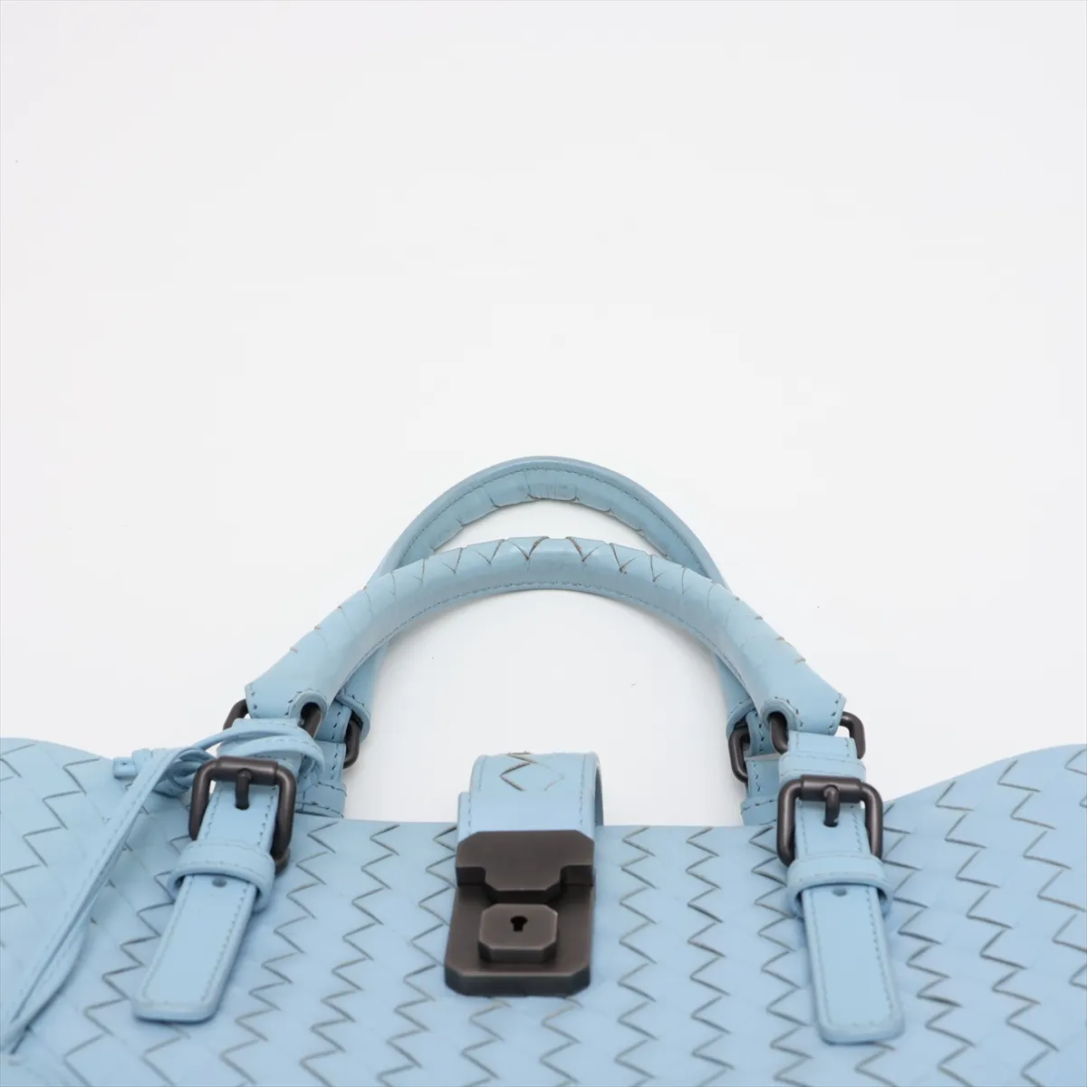 Intrecciato Roma Leather 2-Way Handbag, Blue — view 6