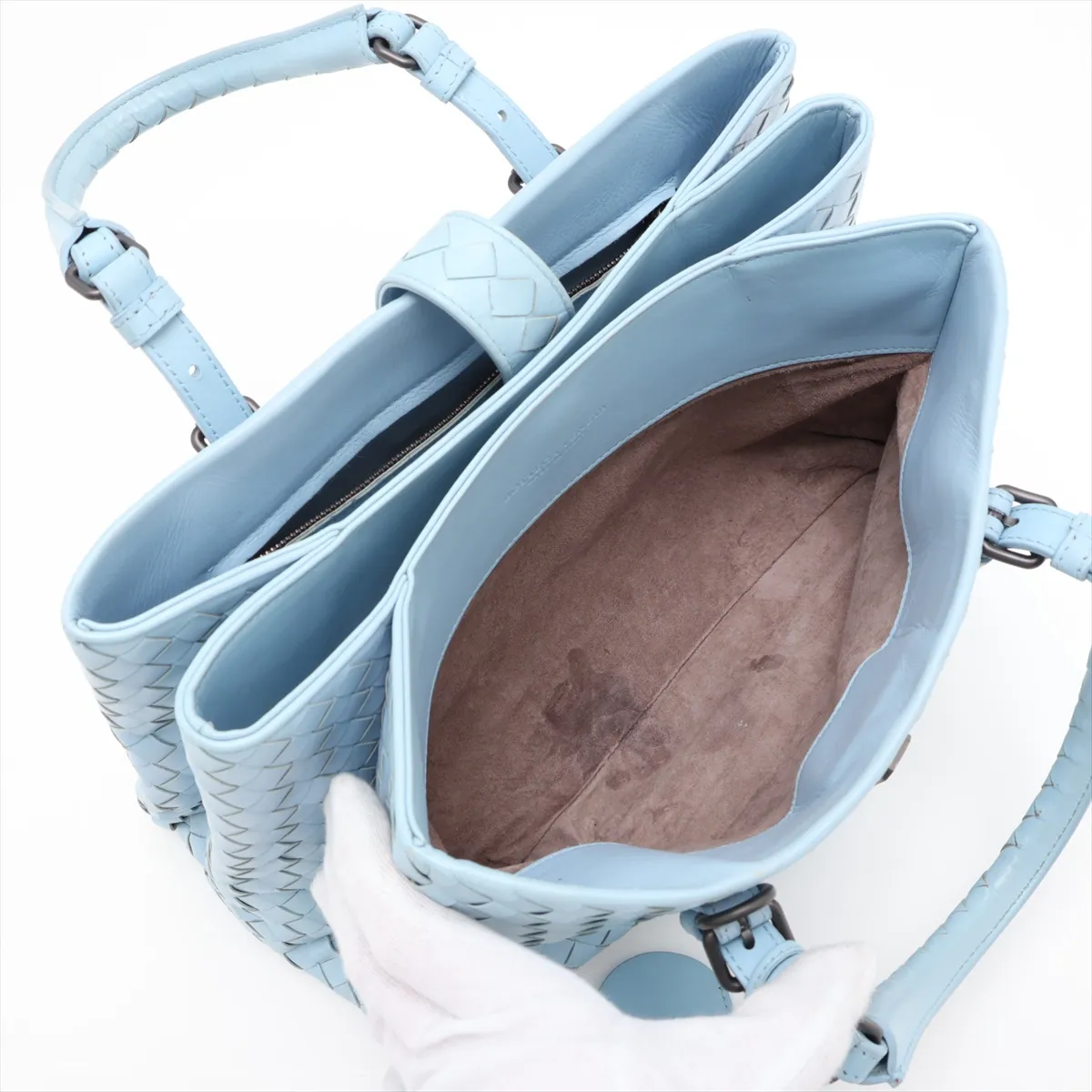 Intrecciato Roma Leather 2-Way Handbag, Blue — view 8