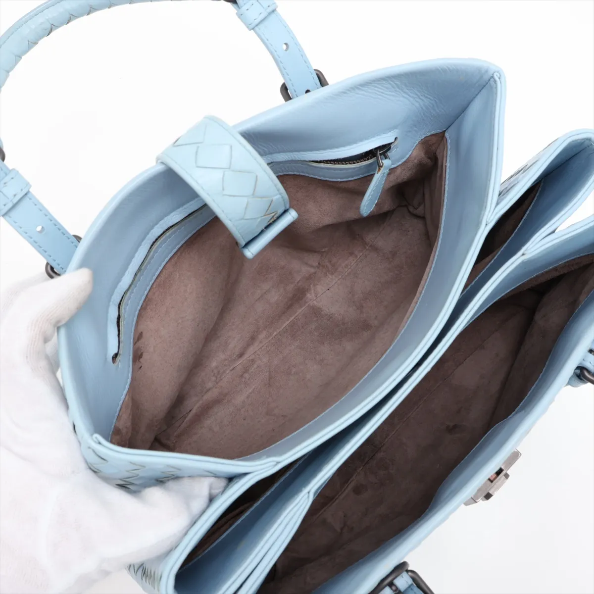 Intrecciato Roma Leather 2-Way Handbag, Blue — view 9