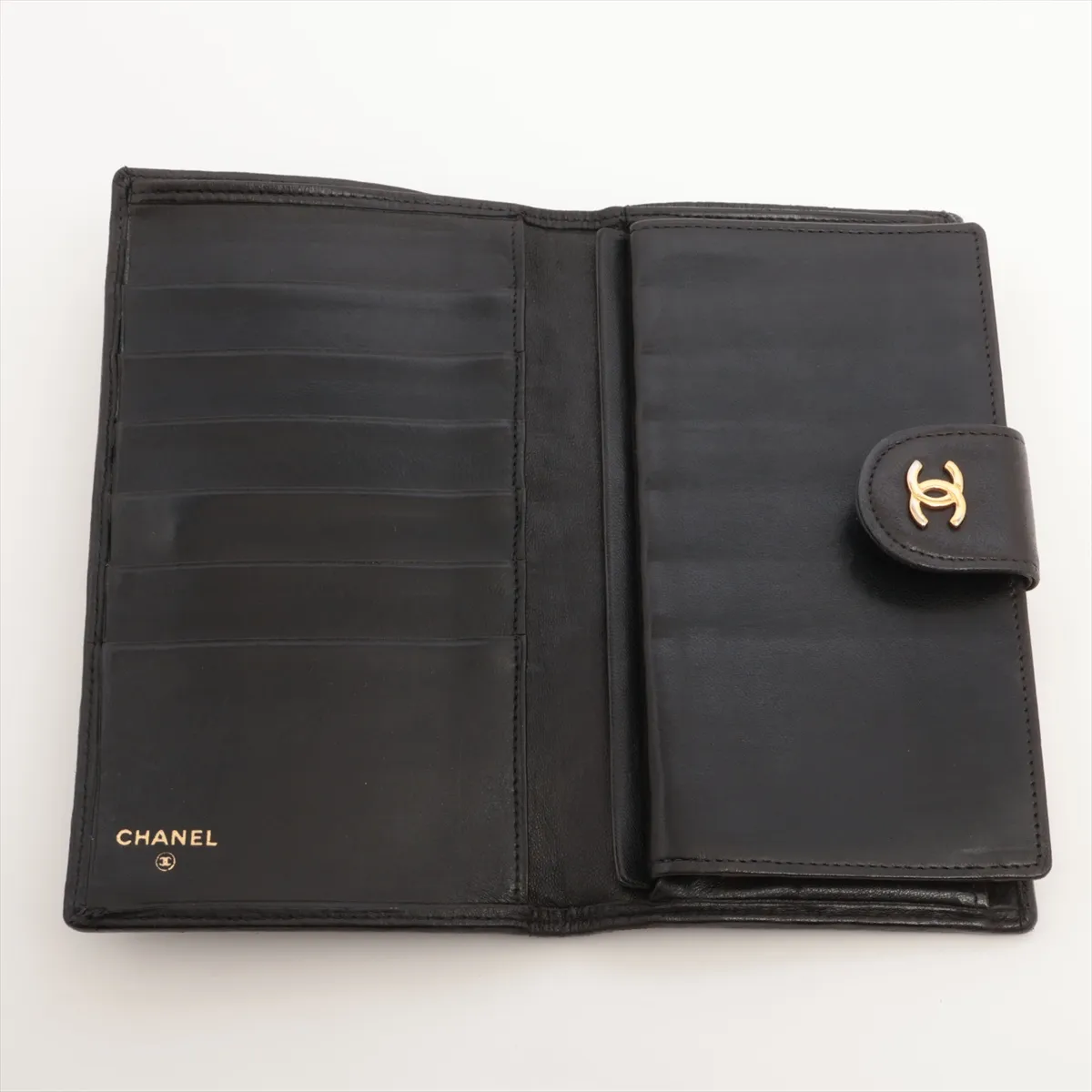 Bicolore Leather Long Wallet, Black with Gold Hardware — view 3