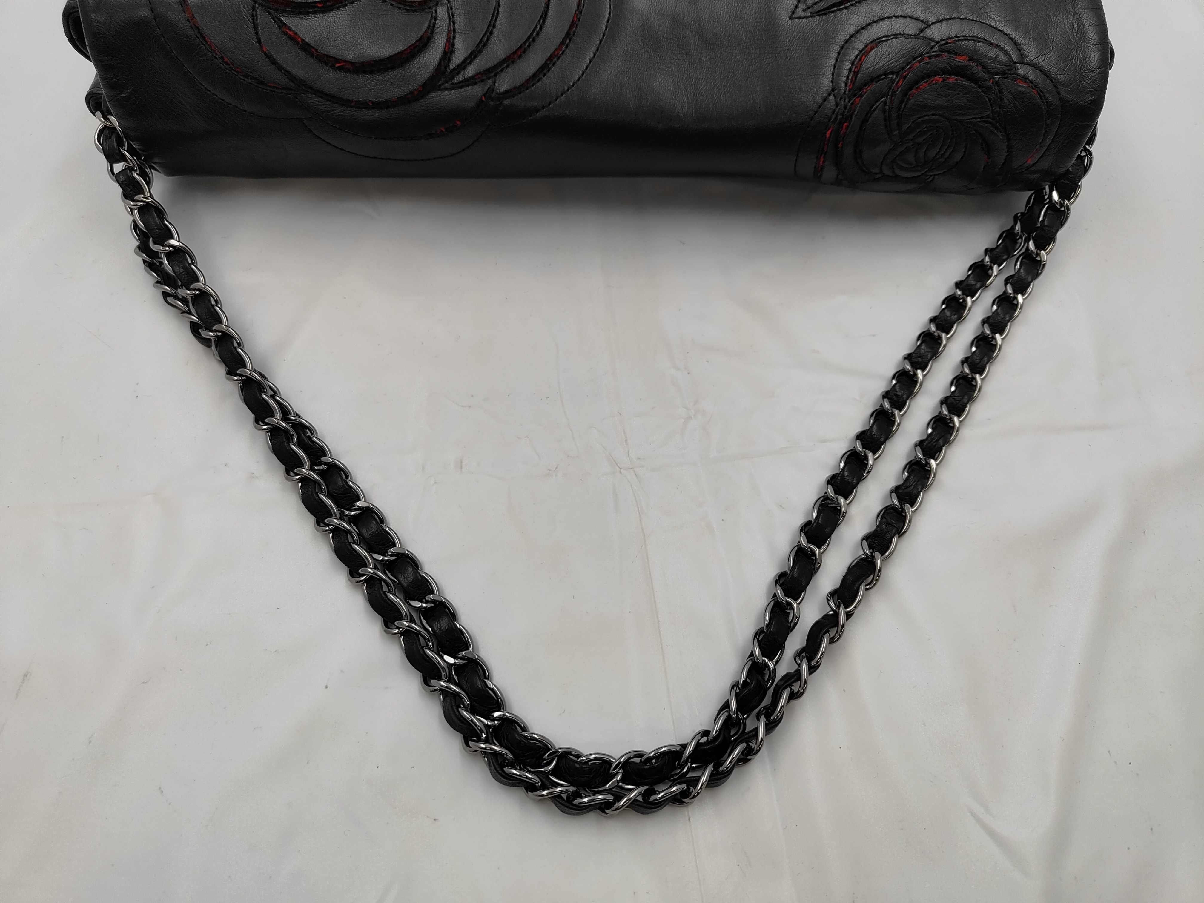 Lambskin Camellia Double Chain Shoulder Bag (Black) — view 3
