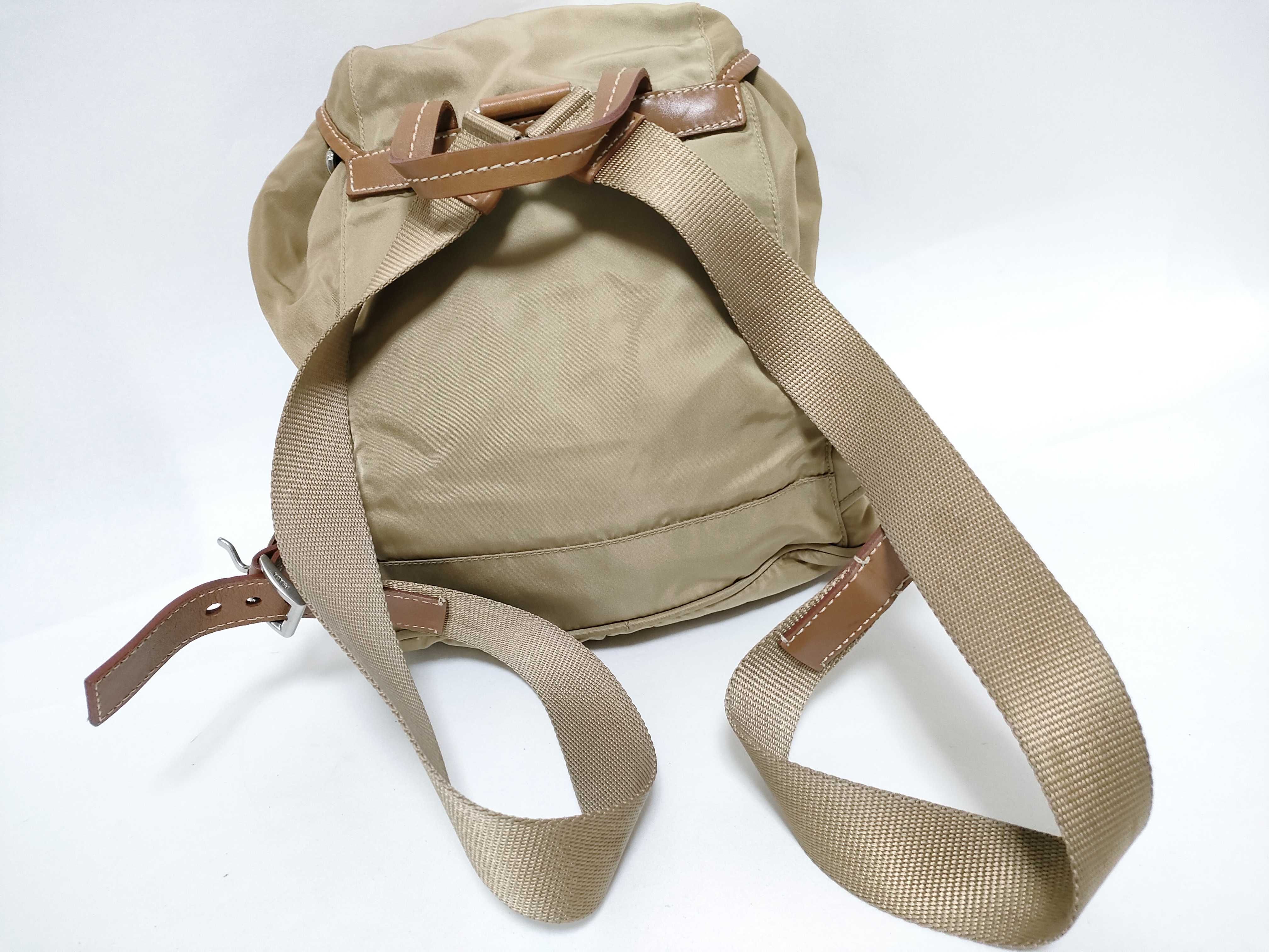 Nylon Backpack (Khaki Beige, Brown Leather) — view 3