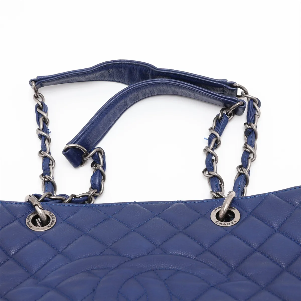 GST Caviar Skin Chain Tote Bag, Blue, Silver Hardware, 13520876, Serial Number 13 — view 6