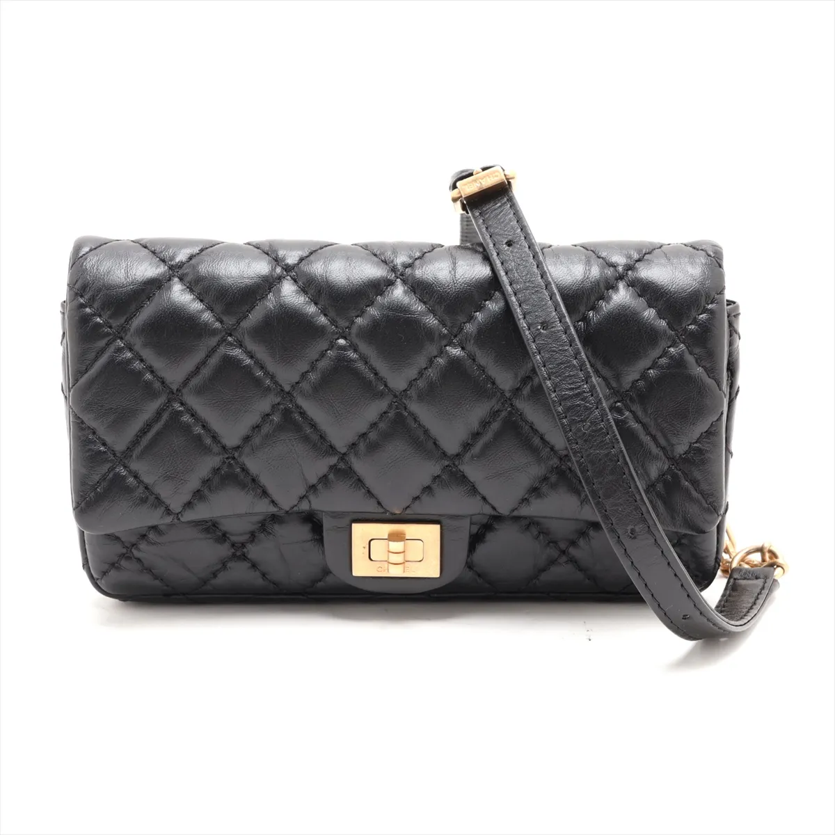 2.55 Vintage Calfskin Waist Pouch, Black with Gold Hardware, 27556983, Serial Number 27