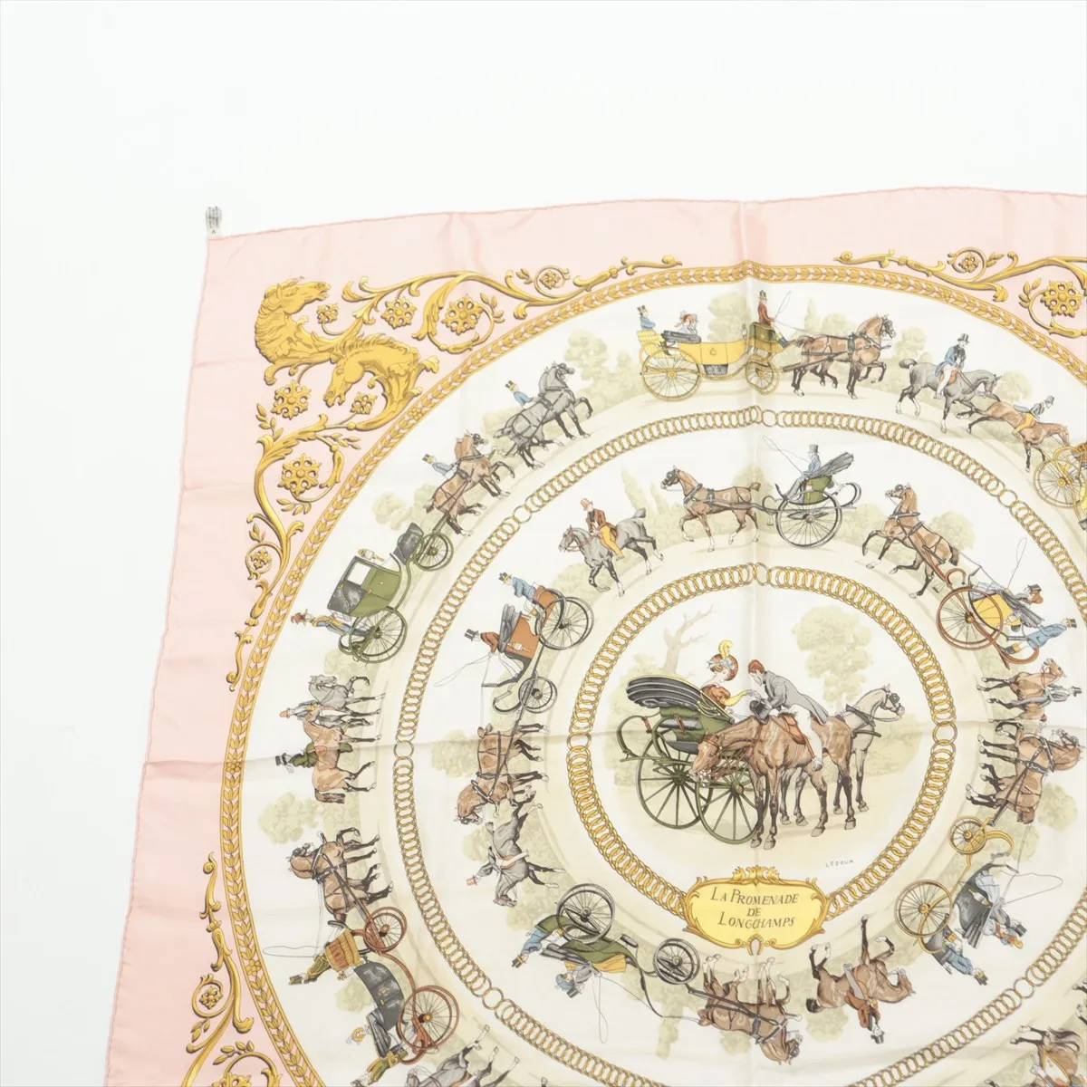 Carre 90 "LA PROMENADE DE LONGCHAMPS" scarf, silk, pink. Shows signs of wear, including snags, loose threads, pinch marks, tag reattachment marks, and wrinkles. — view 2