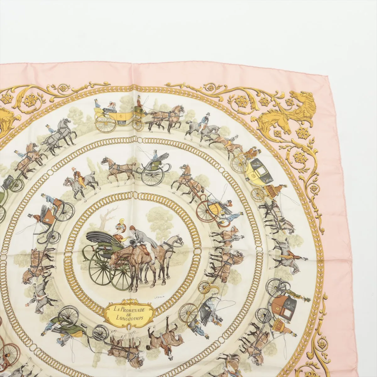 Carre 90 "LA PROMENADE DE LONGCHAMPS" scarf, silk, pink. Shows signs of wear, including snags, loose threads, pinch marks, tag reattachment marks, and wrinkles. — view 3