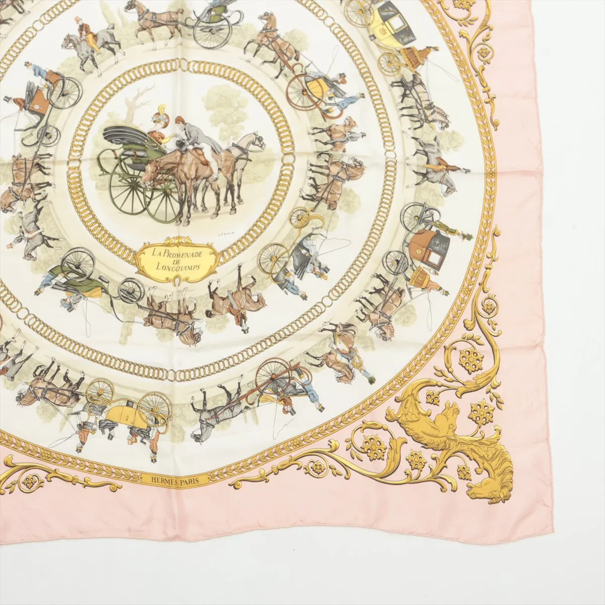 Carre 90 "LA PROMENADE DE LONGCHAMPS" scarf, silk, pink. Shows signs of wear, including snags, loose threads, pinch marks, tag reattachment marks, and wrinkles. — view 4