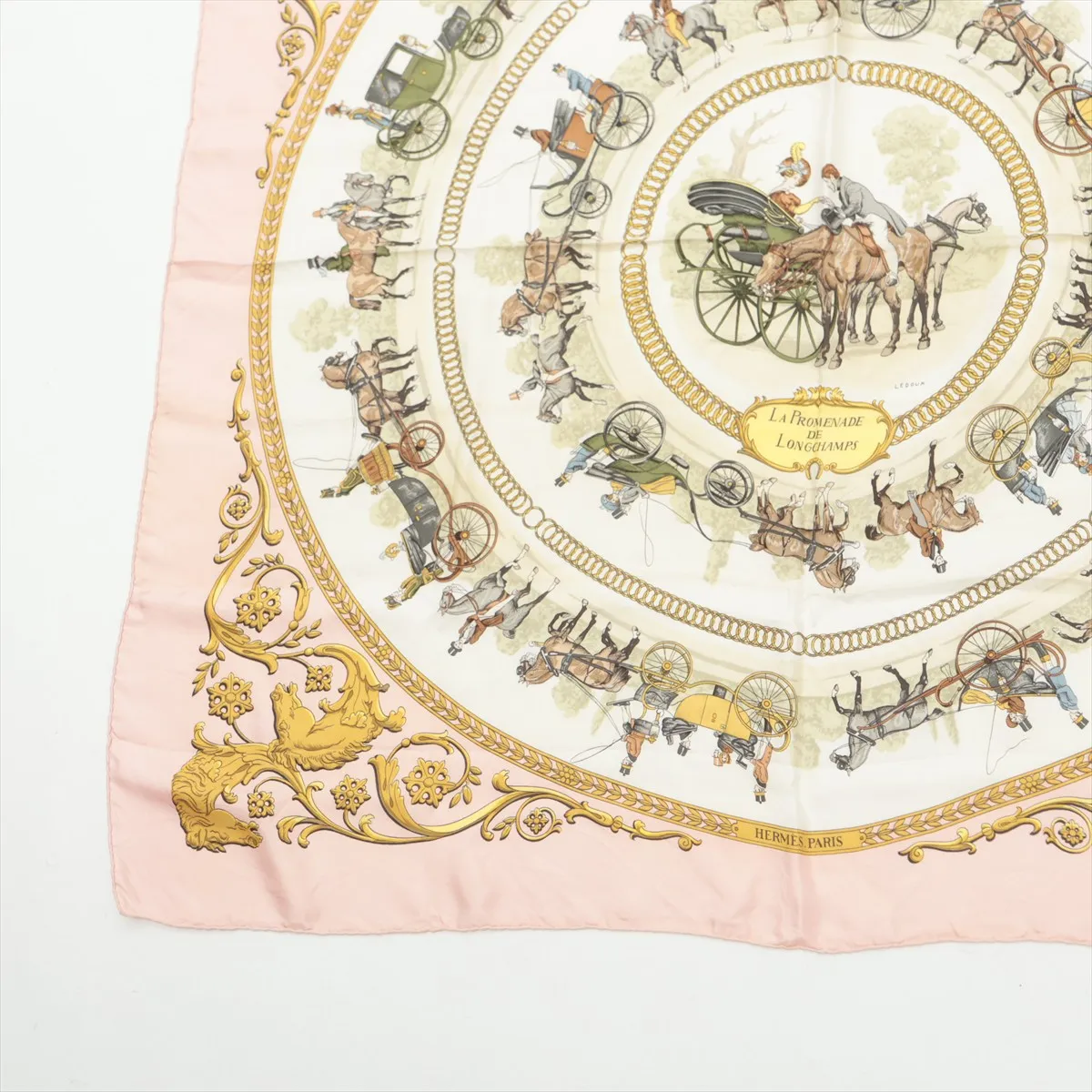 Carre 90 "LA PROMENADE DE LONGCHAMPS" scarf, silk, pink. Shows signs of wear, including snags, loose threads, pinch marks, tag reattachment marks, and wrinkles. — view 5