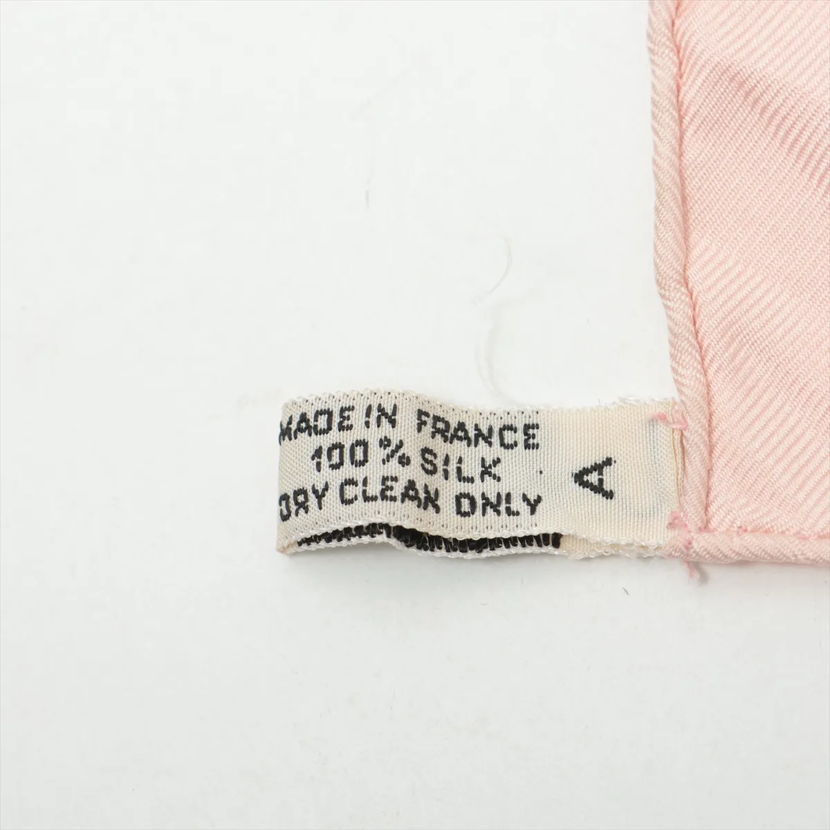 Carre 90 "LA PROMENADE DE LONGCHAMPS" scarf, silk, pink. Shows signs of wear, including snags, loose threads, pinch marks, tag reattachment marks, and wrinkles. — view 6
