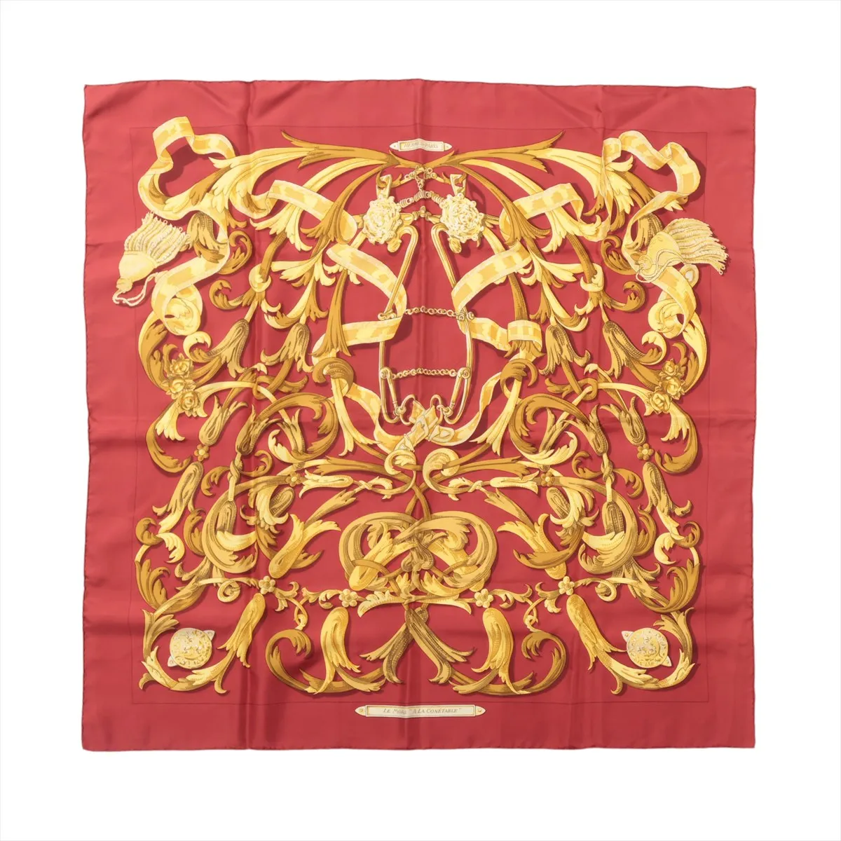 Carre 90 LE MORS A LA CONETABLE (The Elegance of the Bridle) Silk Scarf, Red. Shows wear,