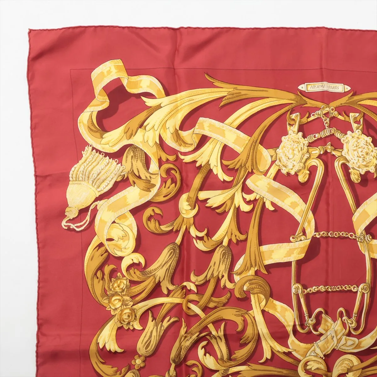 Carre 90 LE MORS A LA CONETABLE (The Elegance of the Bridle) Silk Scarf, Red. Shows wear, — view 2