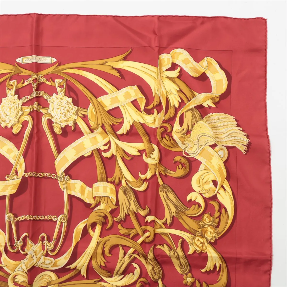 Carre 90 LE MORS A LA CONETABLE (The Elegance of the Bridle) Silk Scarf, Red. Shows wear, — view 3