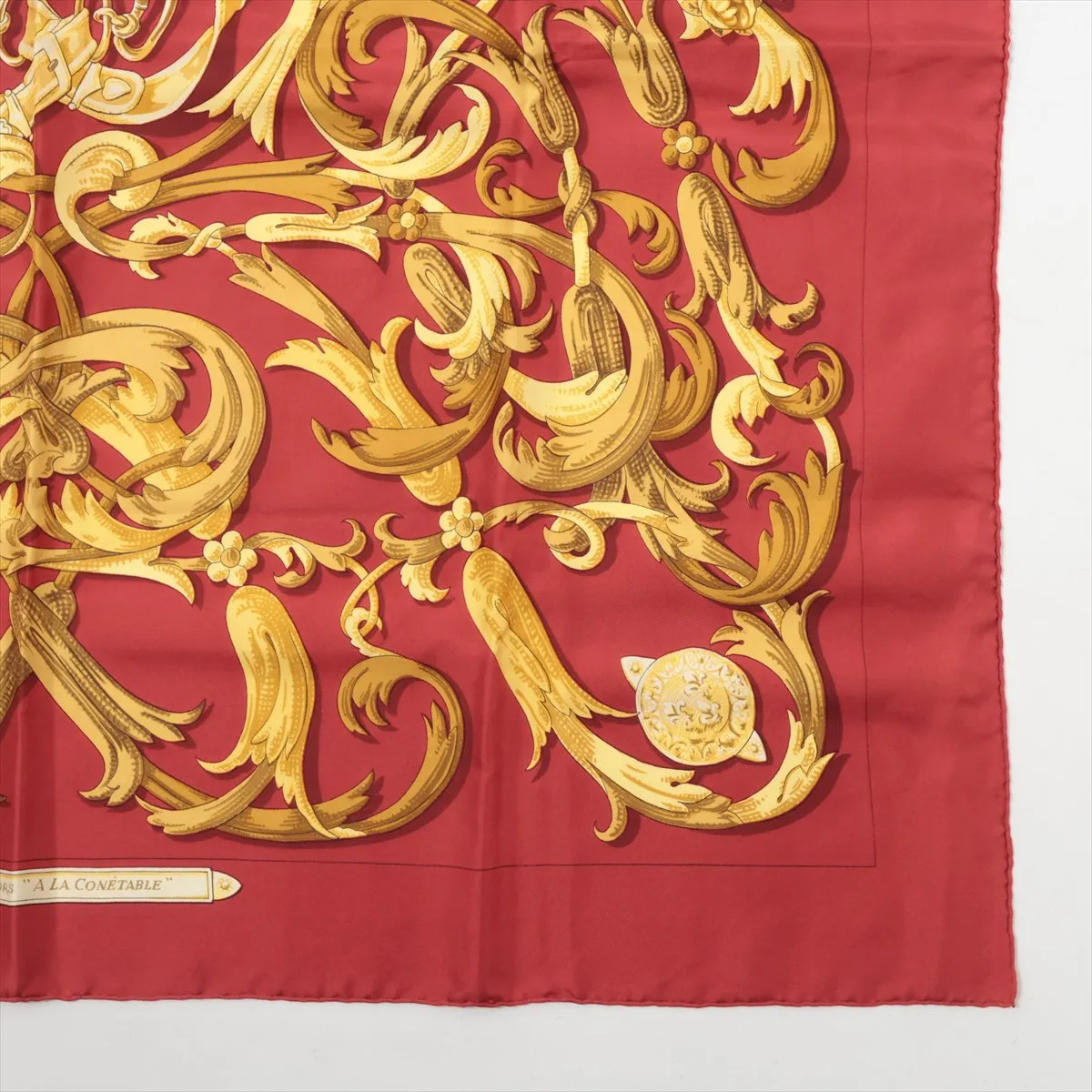 Carre 90 LE MORS A LA CONETABLE (The Elegance of the Bridle) Silk Scarf, Red. Shows wear, — view 4