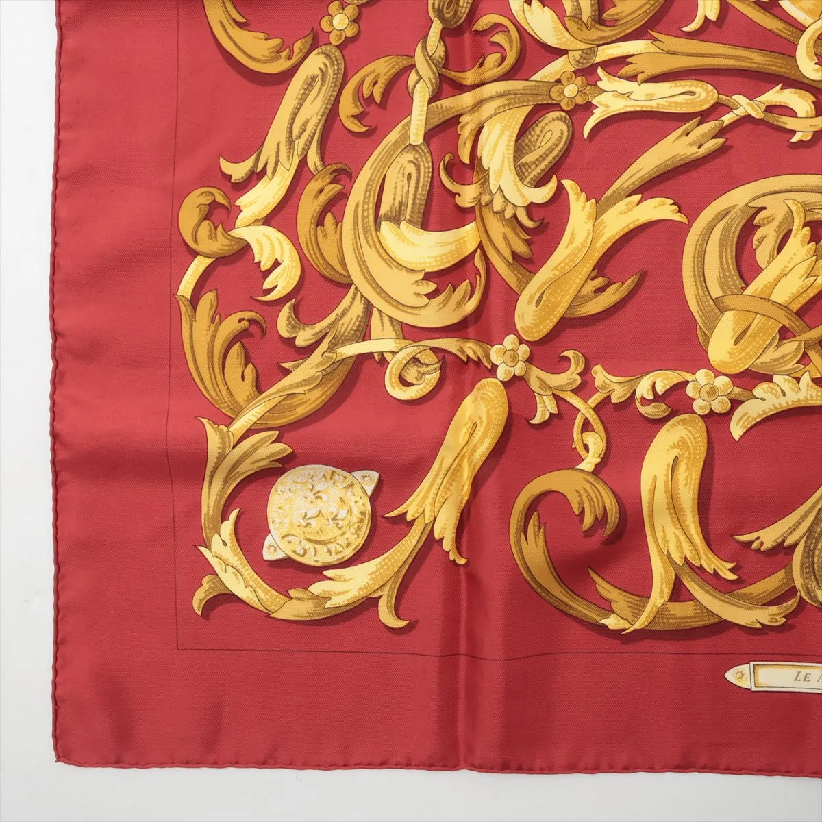 Carre 90 LE MORS A LA CONETABLE (The Elegance of the Bridle) Silk Scarf, Red. Shows wear, — view 5
