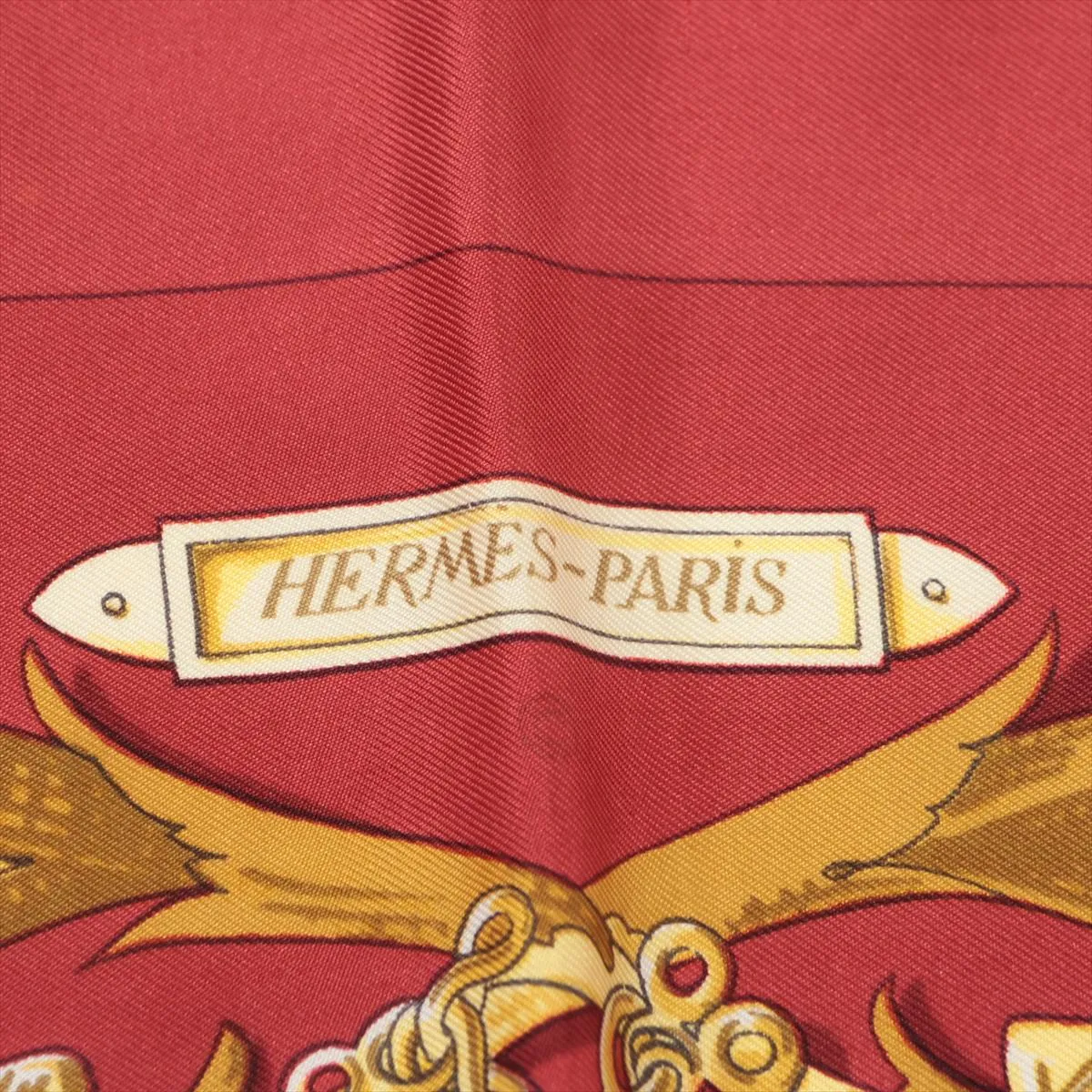 Carre 90 LE MORS A LA CONETABLE (The Elegance of the Bridle) Silk Scarf, Red. Shows wear, — view 6