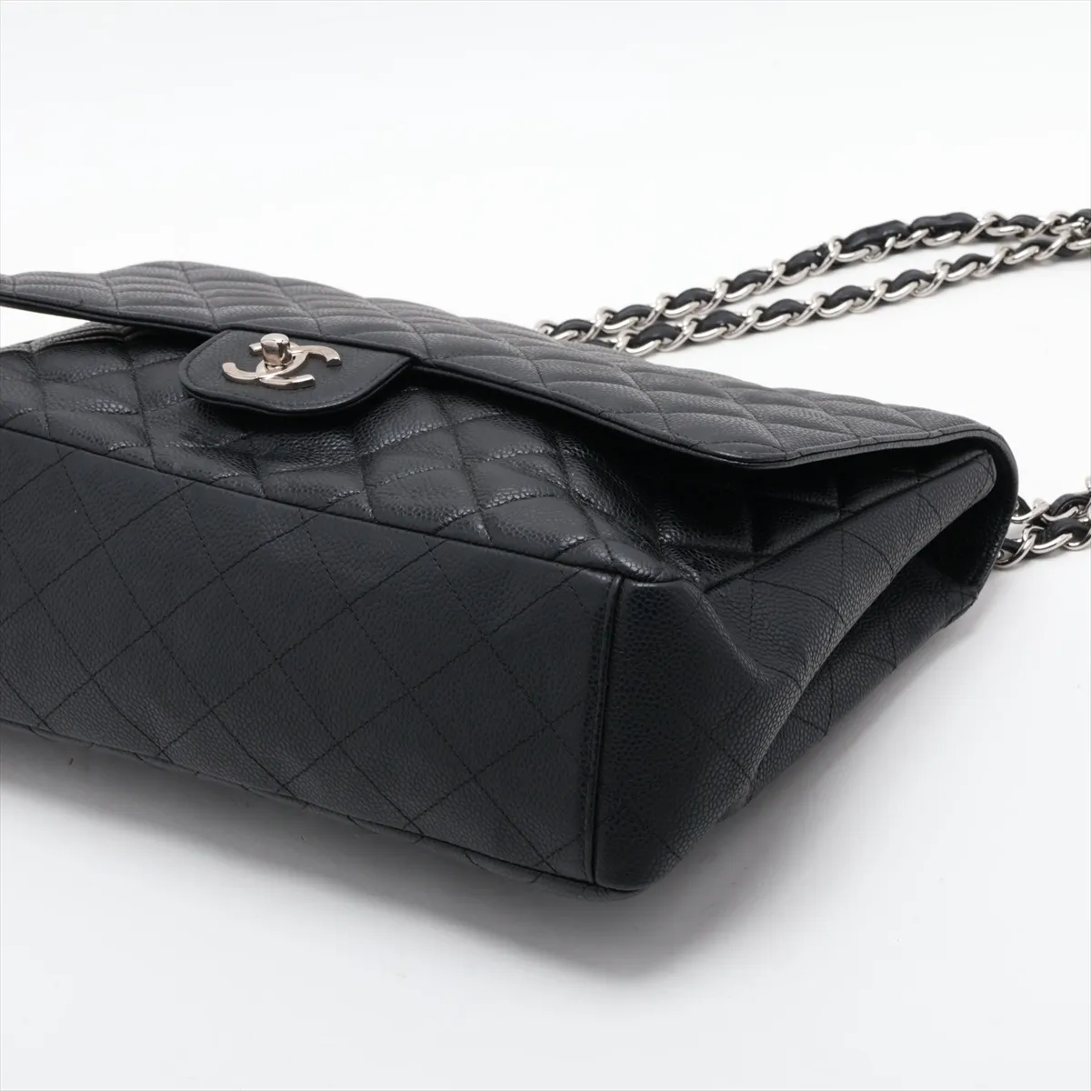 Large Matelassé 30 Caviar Skin Single Flap Double Chain Bag, Black with Silver Hardware, 14109780, Serial Number 14-series, A28600 — view 3