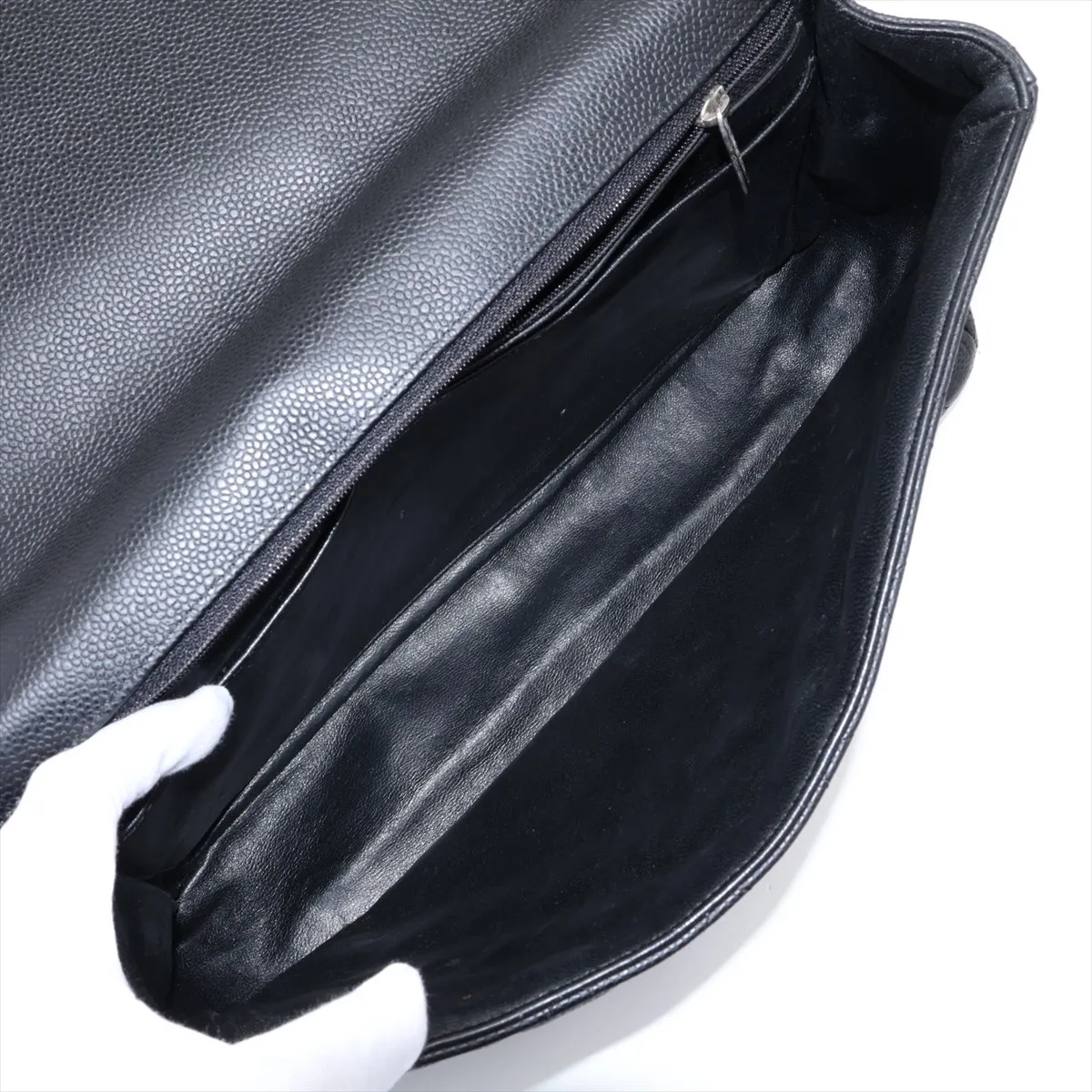 Large Matelassé 30 Caviar Skin Single Flap Double Chain Bag, Black with Silver Hardware, 14109780, Serial Number 14-series, A28600 — view 7