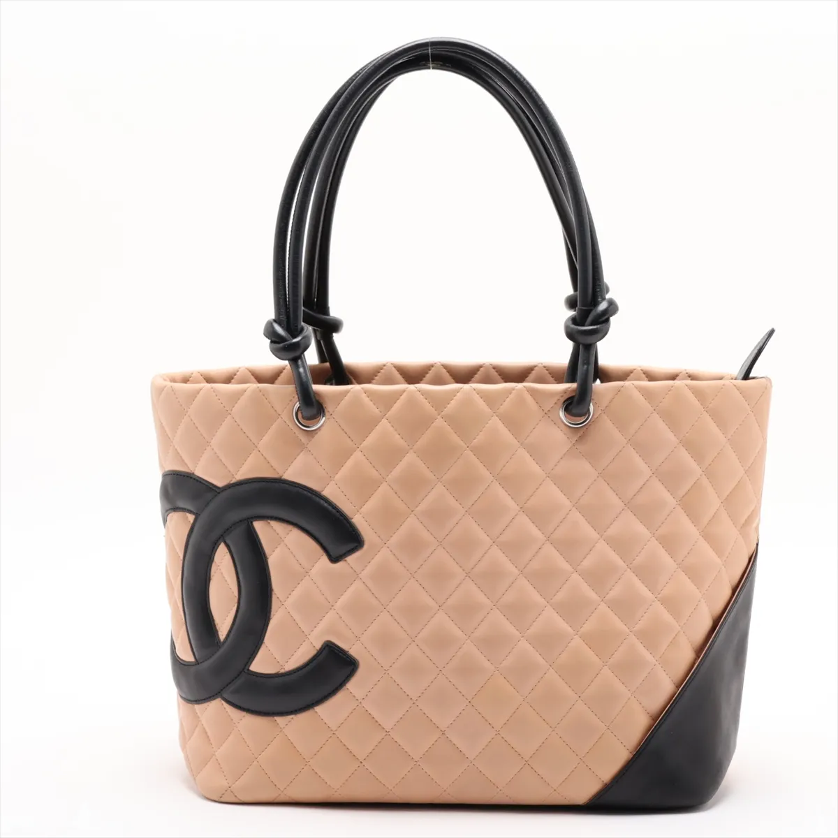 Cambon Line Lambskin Tote Bag, Beige x Black, Silver Hardware, 9850593, Series 9