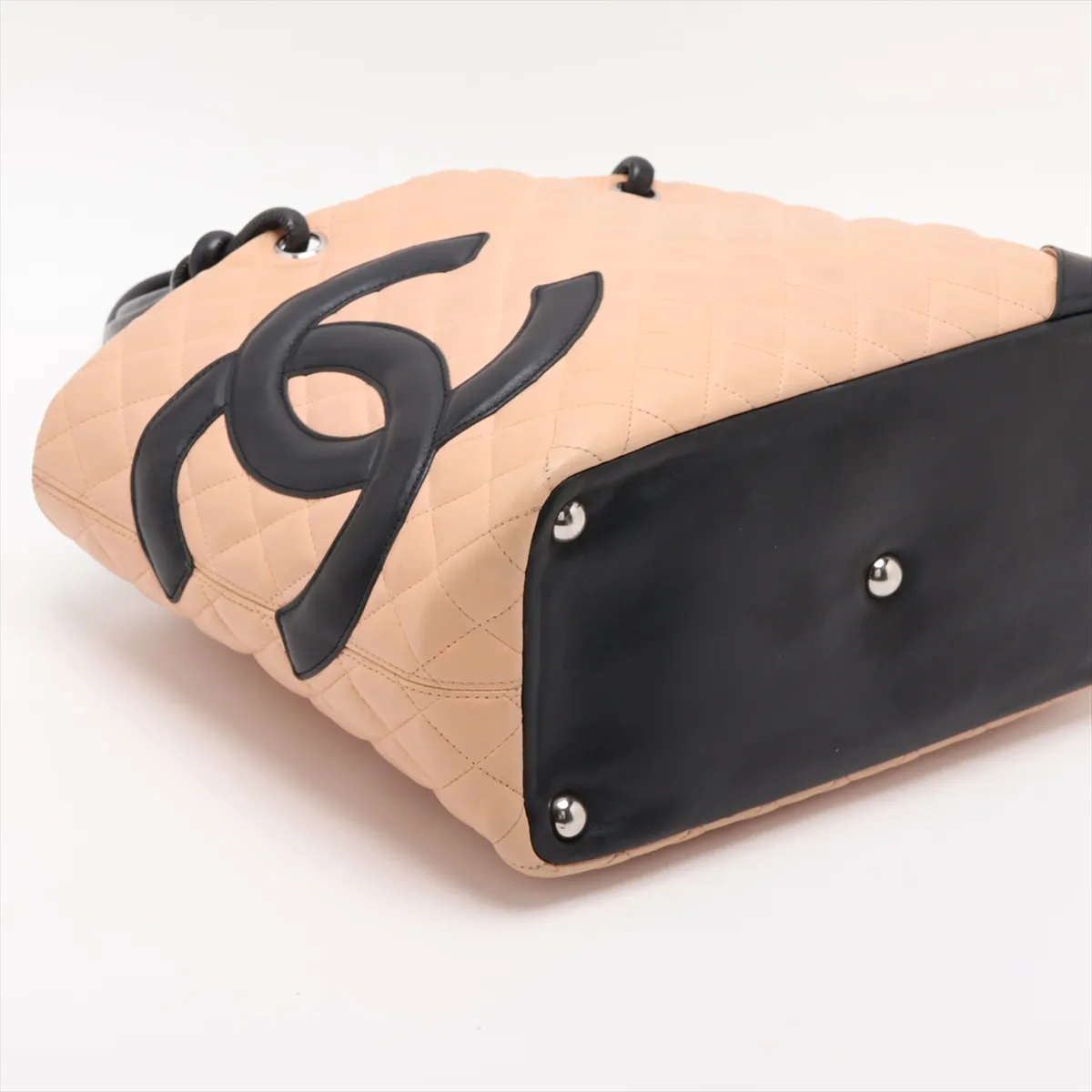 Cambon Line Lambskin Tote Bag, Beige x Black, Silver Hardware, 9850593, Series 9 — view 4