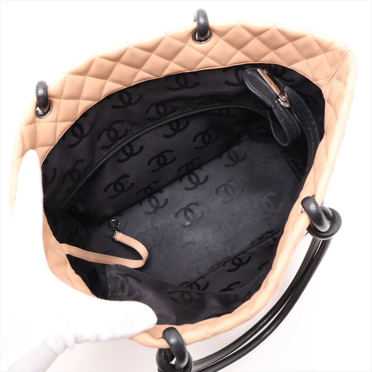Cambon Line Lambskin Tote Bag, Beige x Black, Silver Hardware, 9850593, Series 9 — view 7
