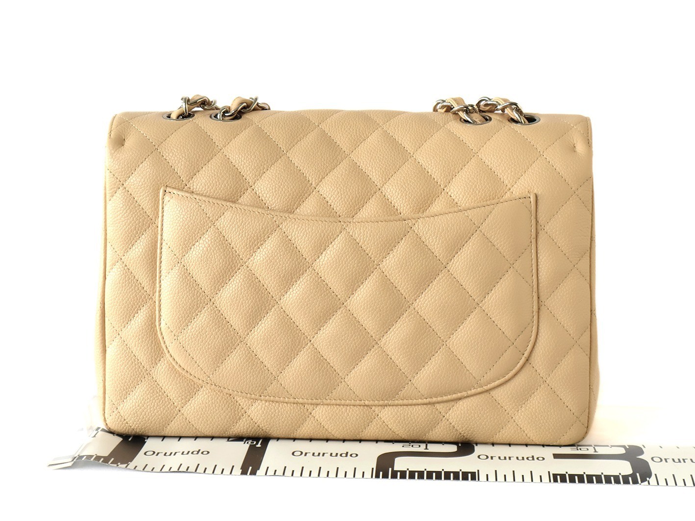 Large Matelassé Caviar Skin Double Chain Shoulder Bag, Beige — view 2