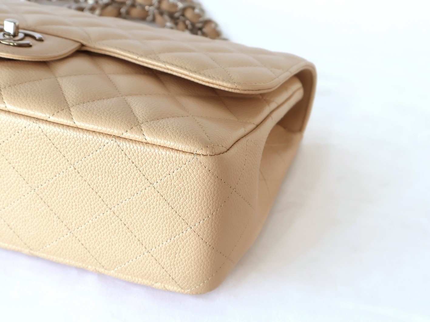 Large Matelassé Caviar Skin Double Chain Shoulder Bag, Beige — view 3