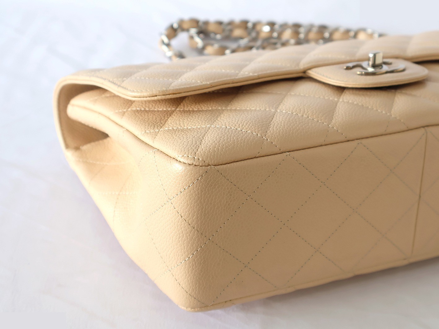 Large Matelassé Caviar Skin Double Chain Shoulder Bag, Beige — view 4