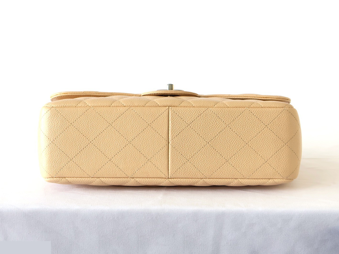 Large Matelassé Caviar Skin Double Chain Shoulder Bag, Beige — view 5