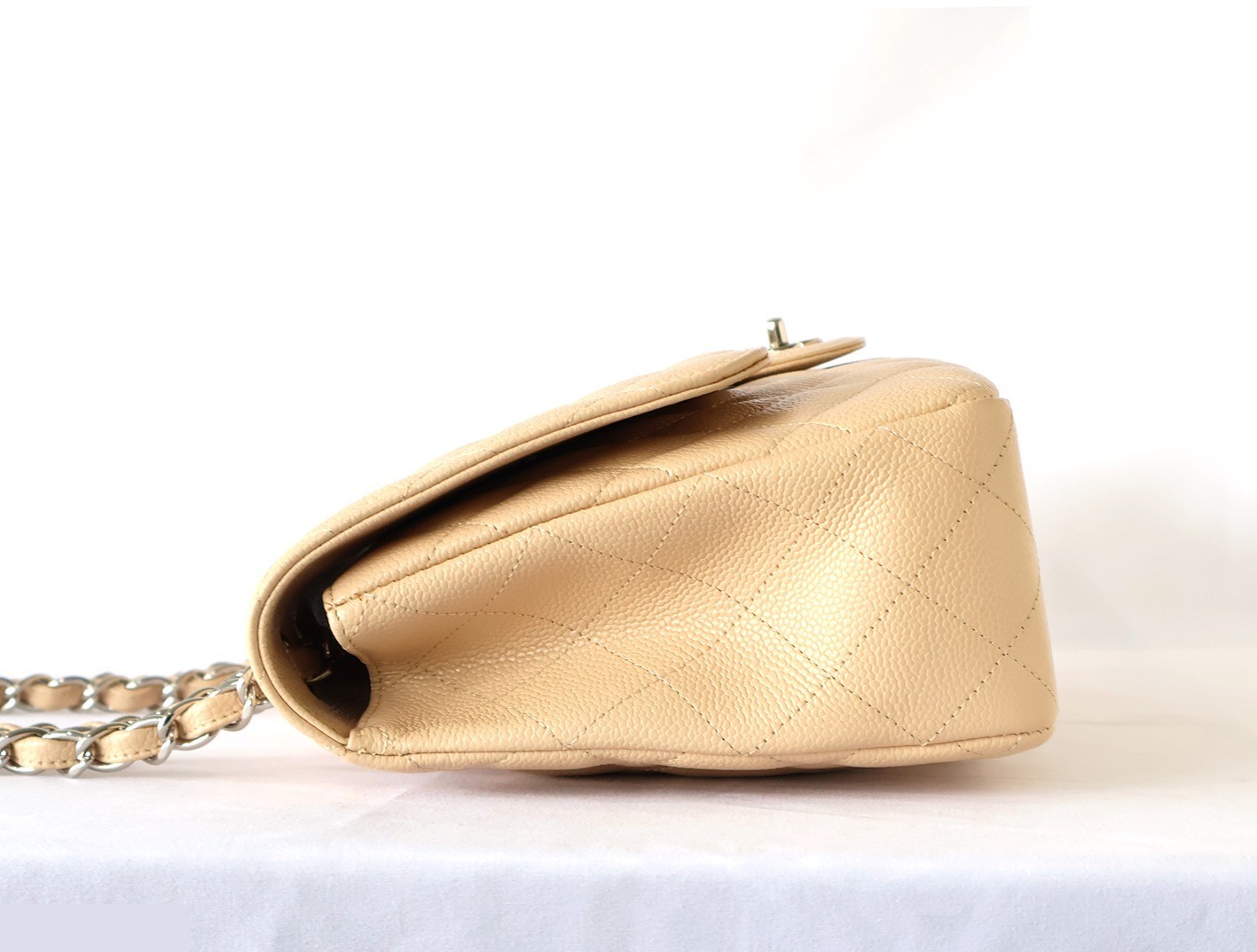 Large Matelassé Caviar Skin Double Chain Shoulder Bag, Beige — view 6
