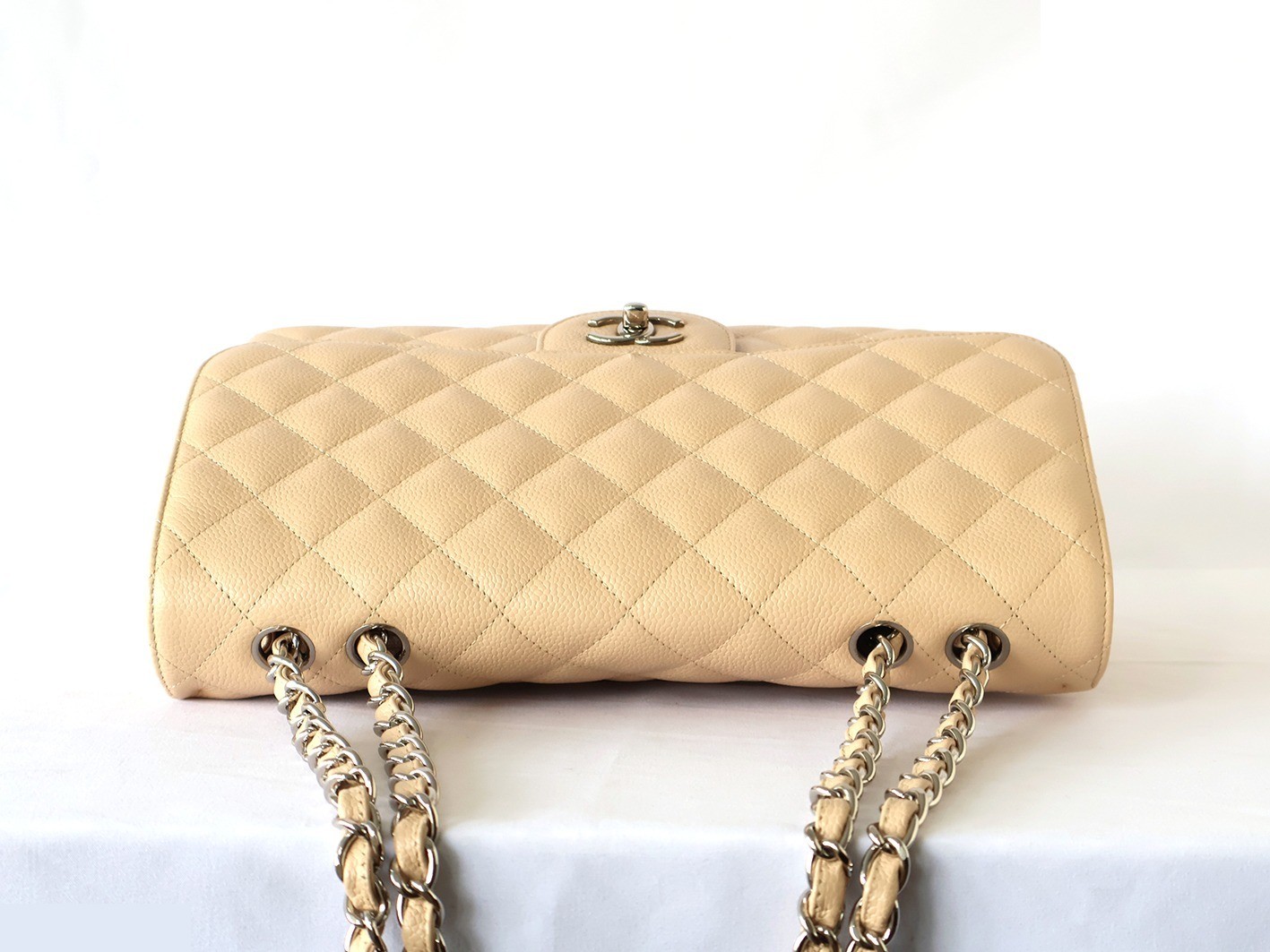 Large Matelassé Caviar Skin Double Chain Shoulder Bag, Beige — view 7