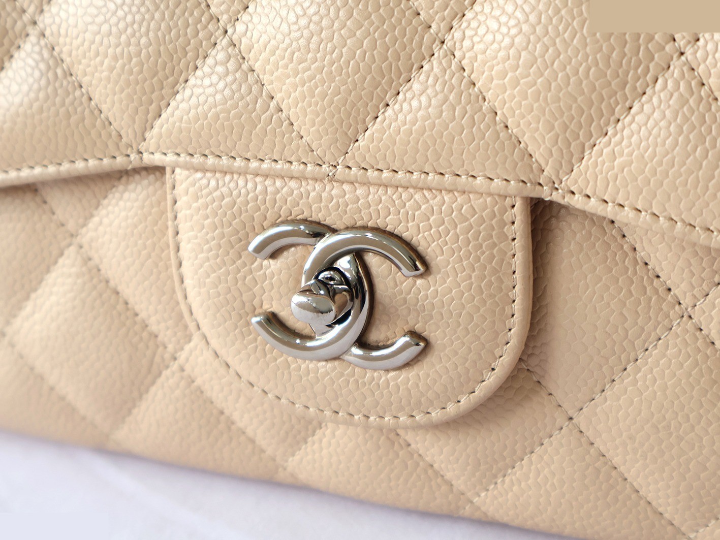 Large Matelassé Caviar Skin Double Chain Shoulder Bag, Beige — view 8