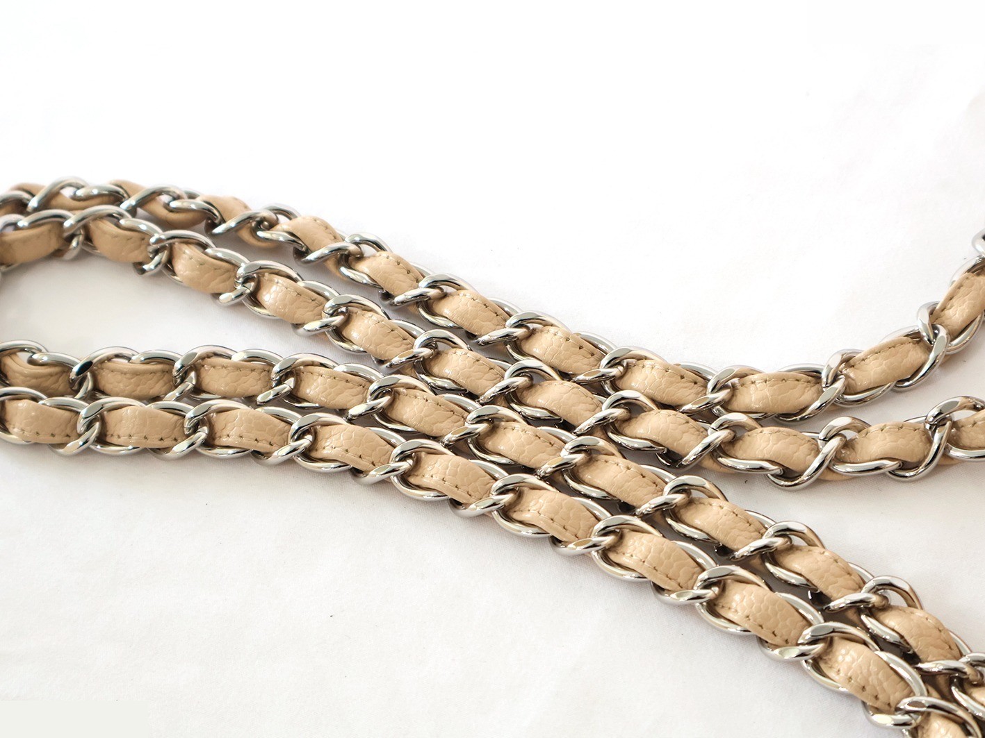 Large Matelassé Caviar Skin Double Chain Shoulder Bag, Beige — view 9
