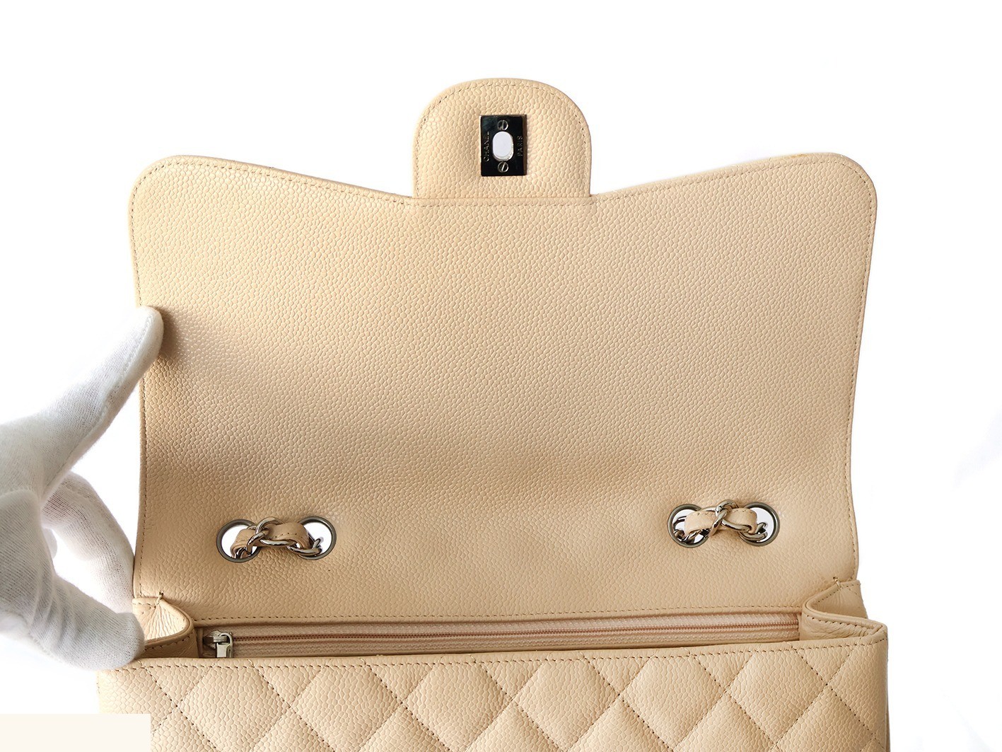 Large Matelassé Caviar Skin Double Chain Shoulder Bag, Beige — view 10