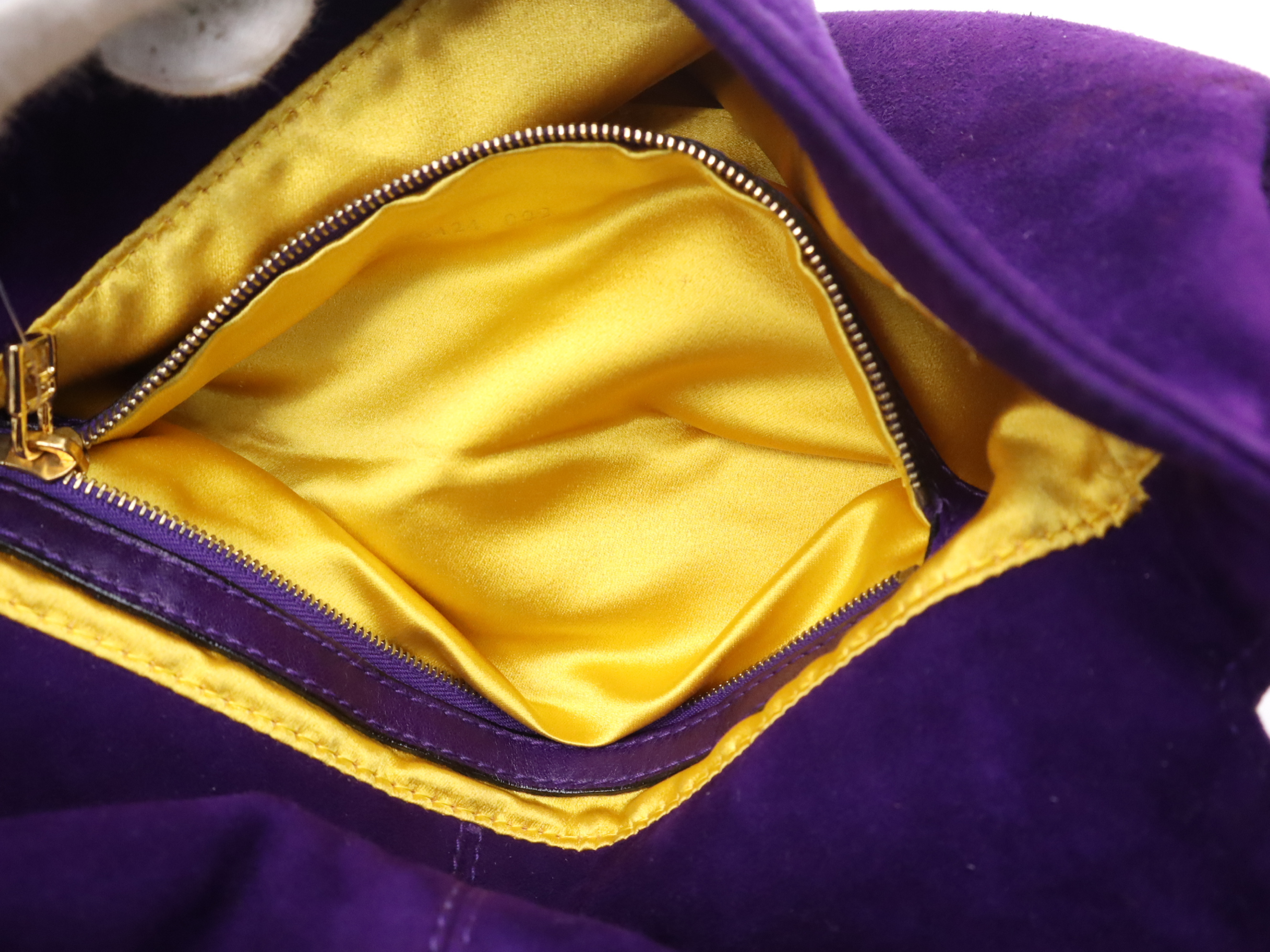 26424 Suede Mamma Bucket Purple Yellow Gold Hardware Handbag — view 13