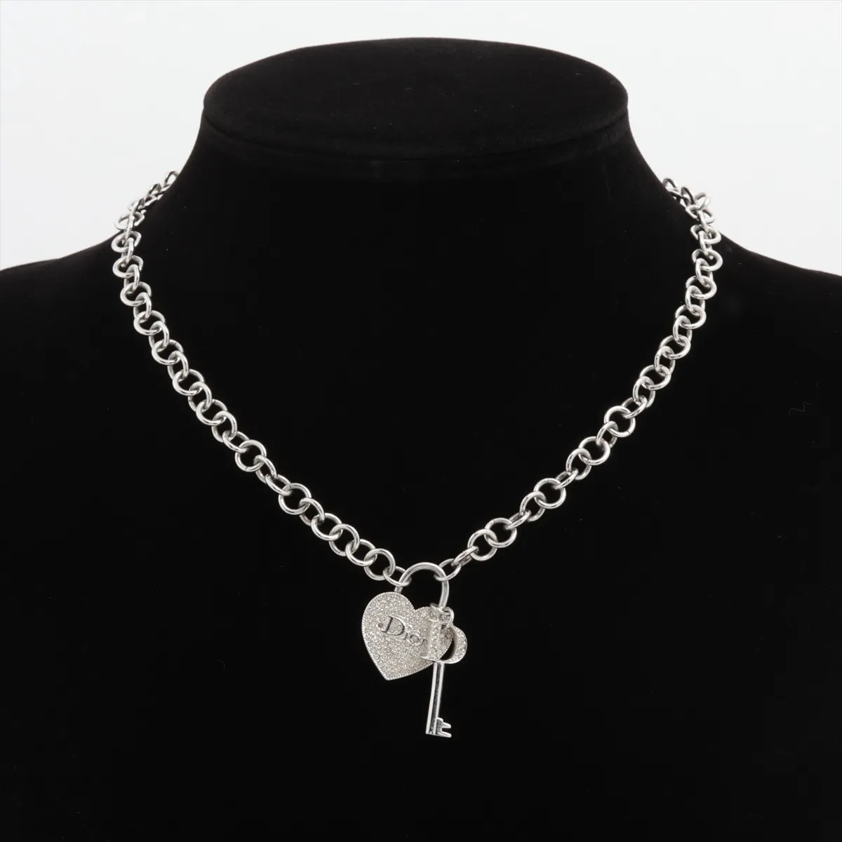 Lockheart Key Necklace, Metal x Rhinestone, Silver. Shows — view 5