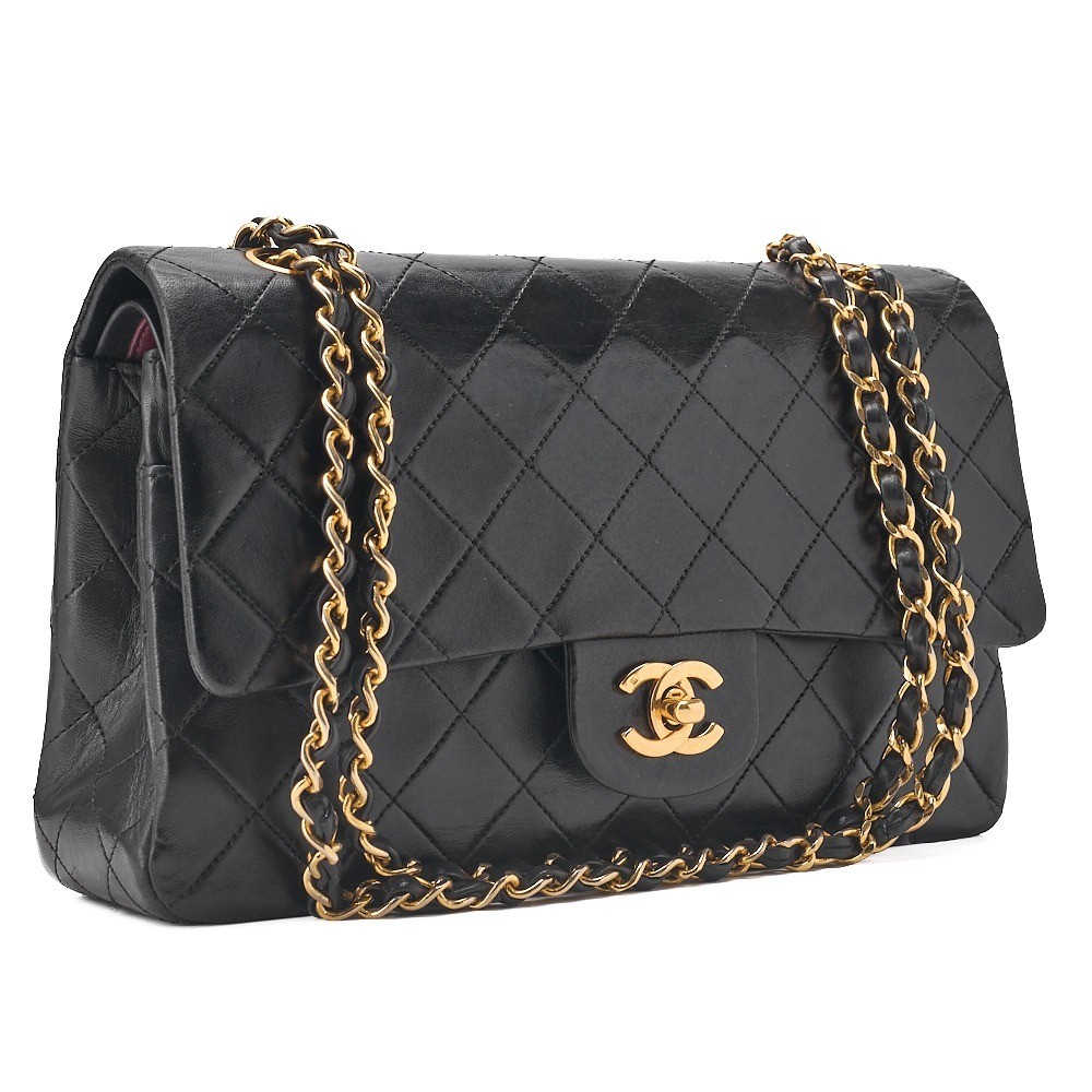 Lambskin Matelassé Double Flap 25cm Chain Shoulder Bag, Black — view 2