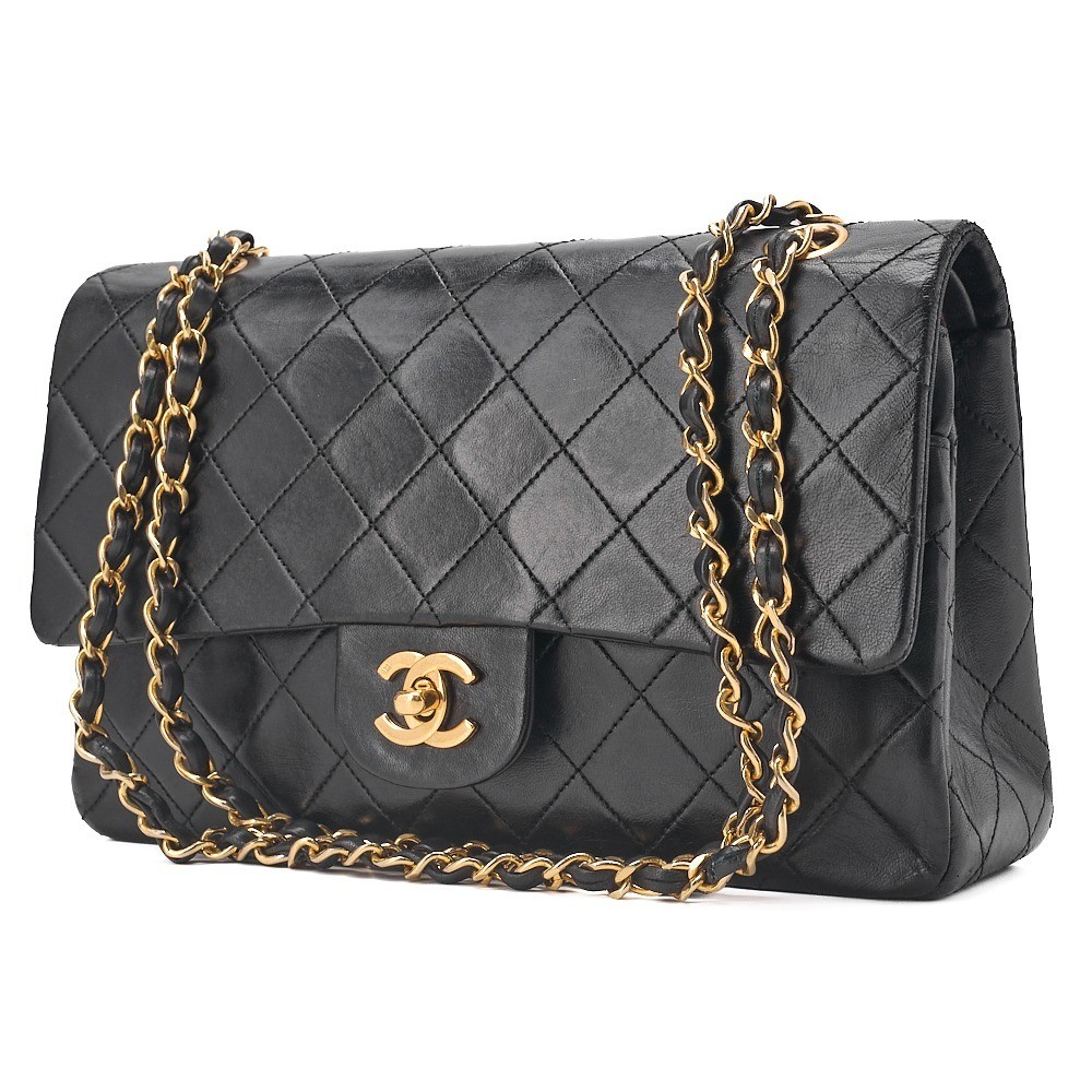 Lambskin Matelassé Double Flap 25cm Chain Shoulder Bag, Black — view 3