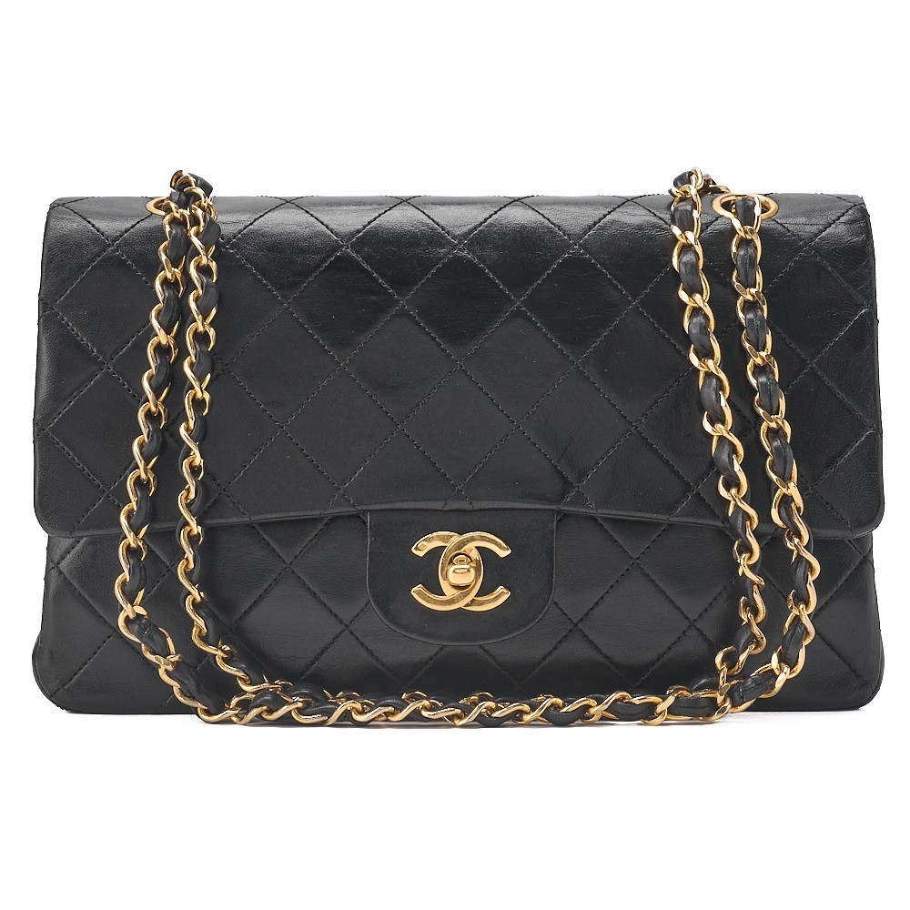 Lambskin Matelassé Double Flap 25cm Chain Shoulder Bag, Black — view 5